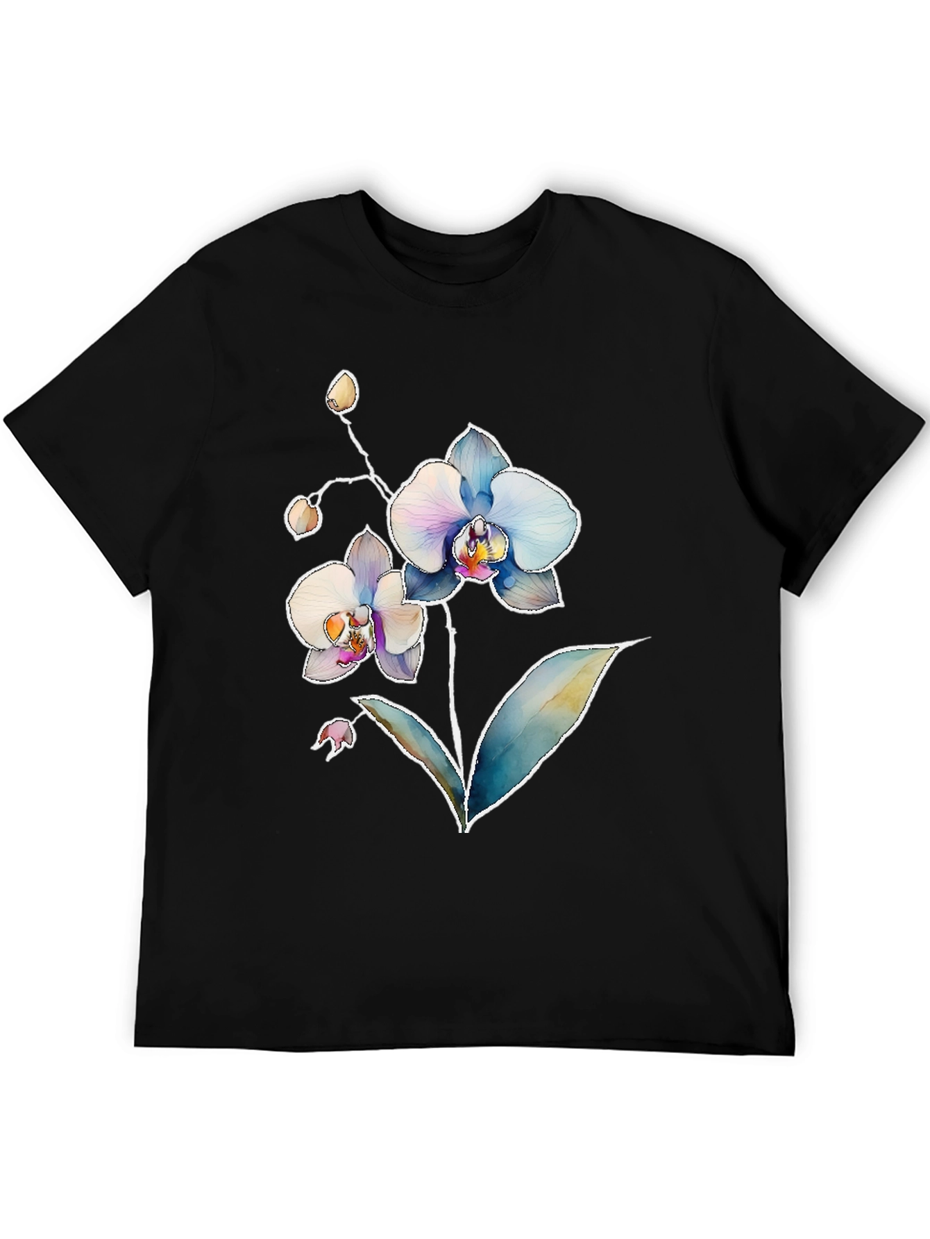Floral Orchid Print Mens Black T-Shirt