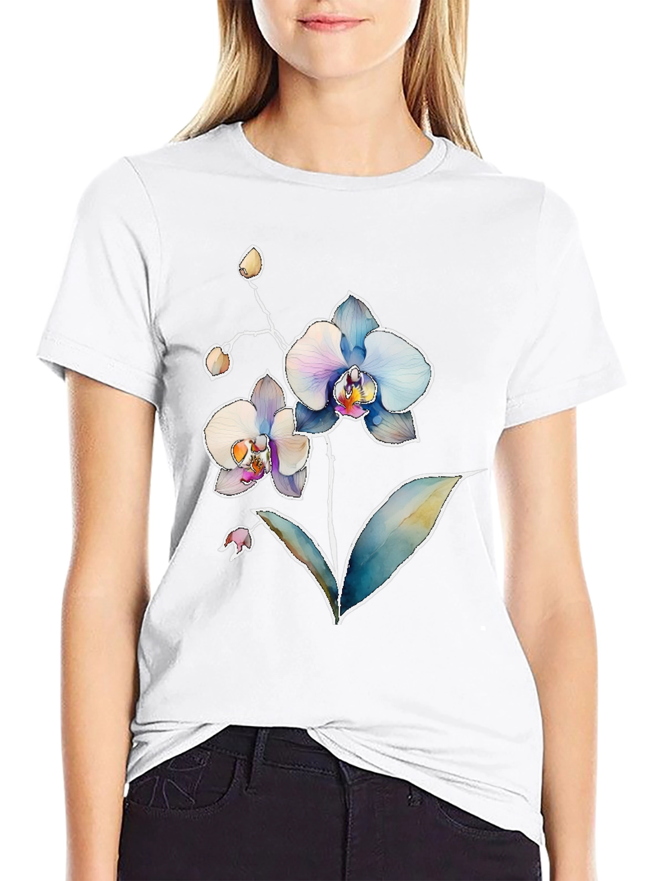 Floral Orchid Print Mens Black T-Shirt