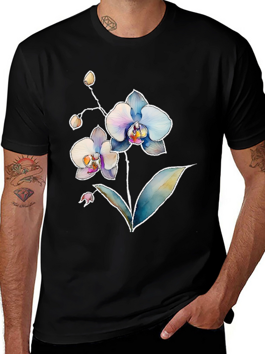Floral Orchid Print Mens Black T-Shirt