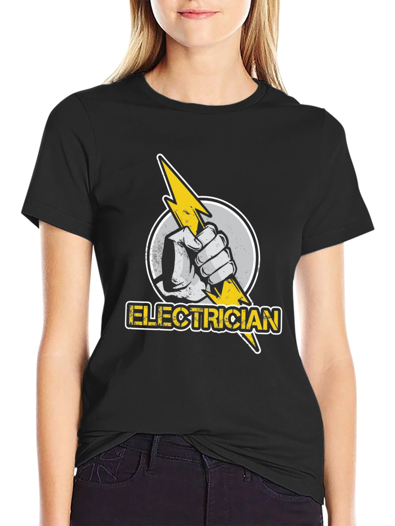Electrician T-Shirt: Hand Holding Lightning Bolt Design
