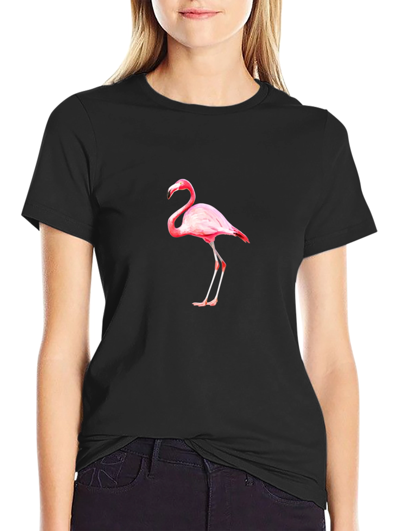 Black T-Shirt with Pink Flamingo Print