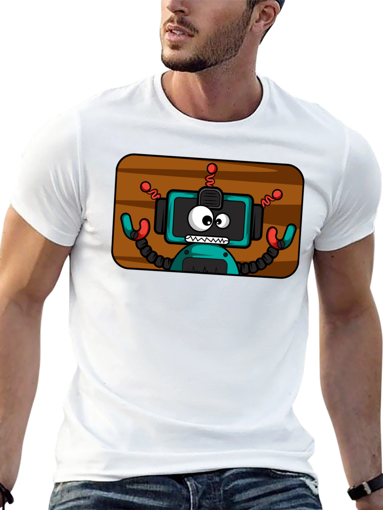 Fun Robot Graphic Tee - Black Cotton Blend Shirt