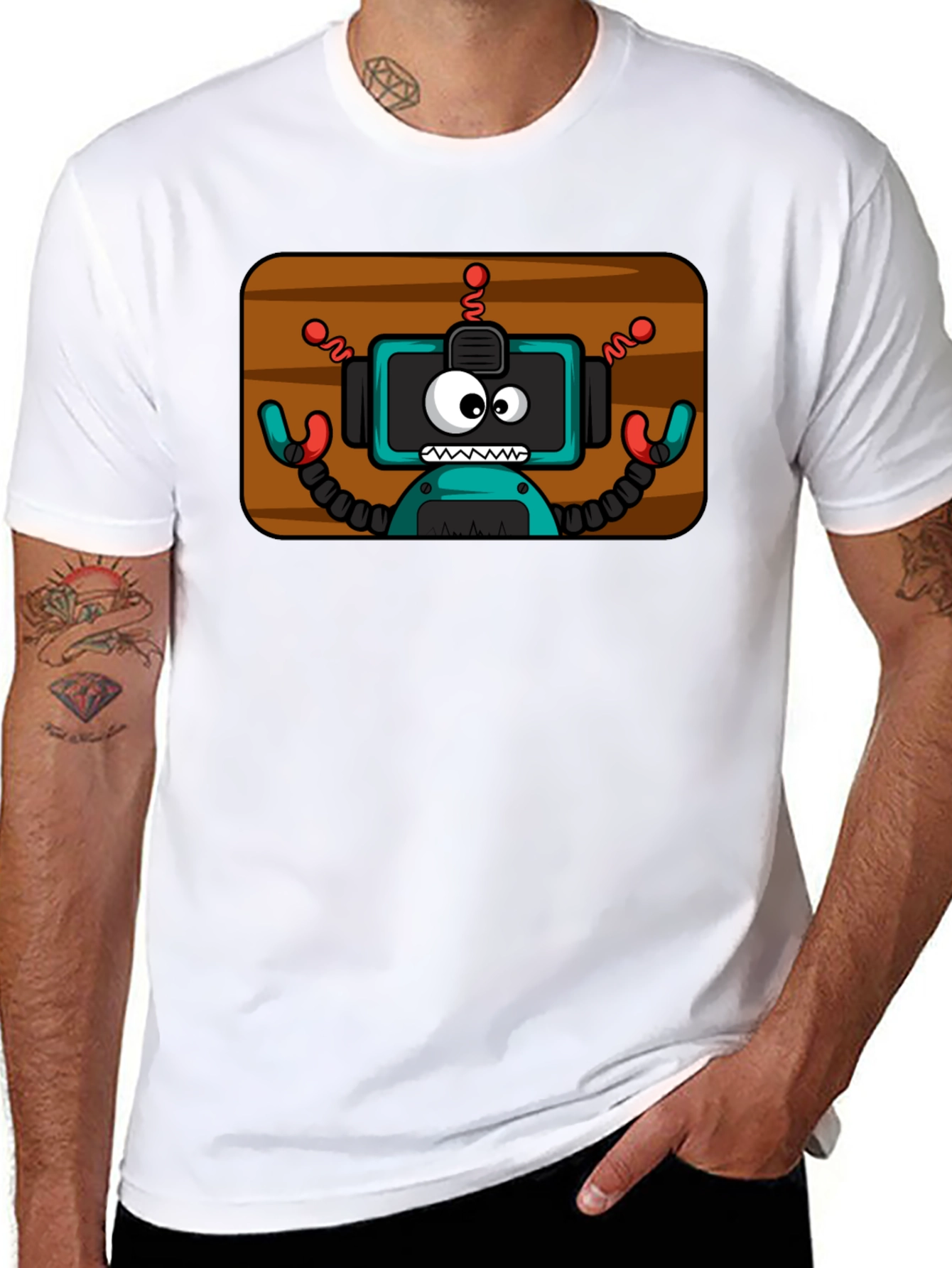 Fun Robot Graphic Tee - Black Cotton Blend Shirt