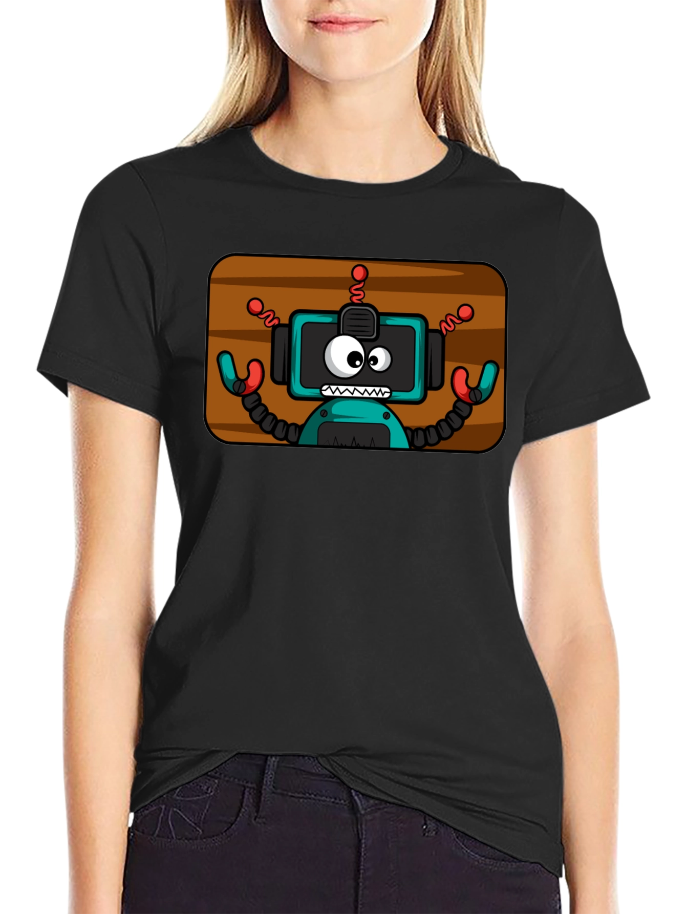 Fun Robot Graphic Tee - Black Cotton Blend Shirt