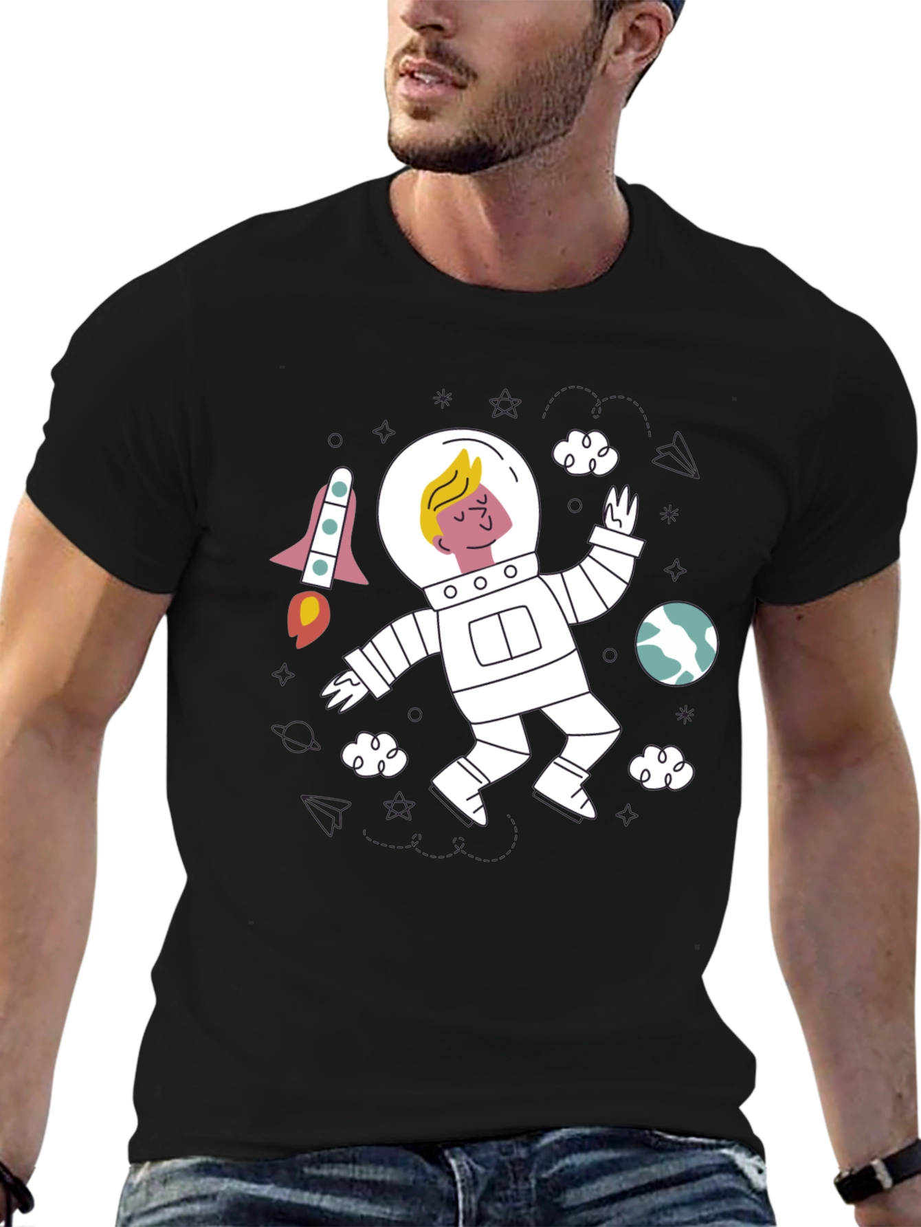 Astronaut Graphic Black T-Shirt - Space Adventure Tee