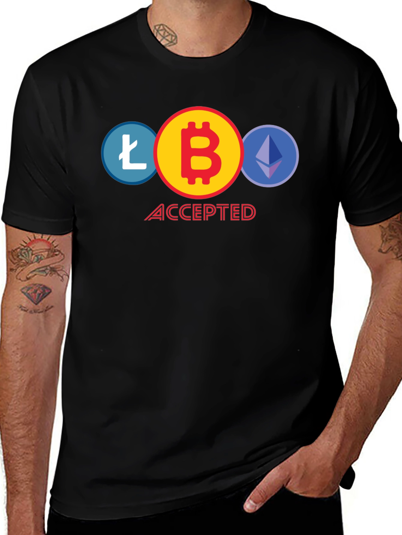 Crypto Accepted T-Shirt - Bitcoin Litecoin Ethereum