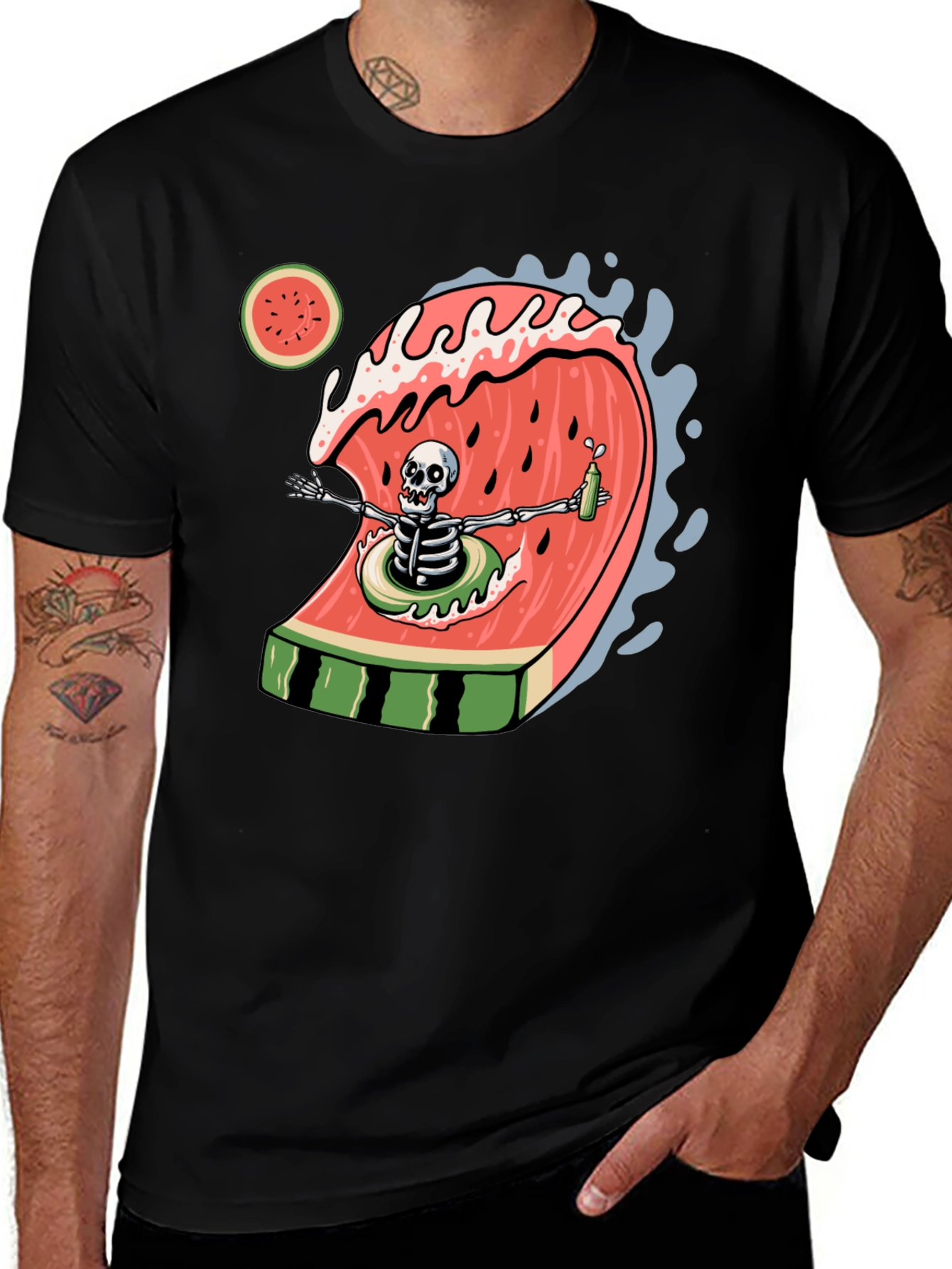 Skeleton Watermelon Wave Graphic Tee - Black