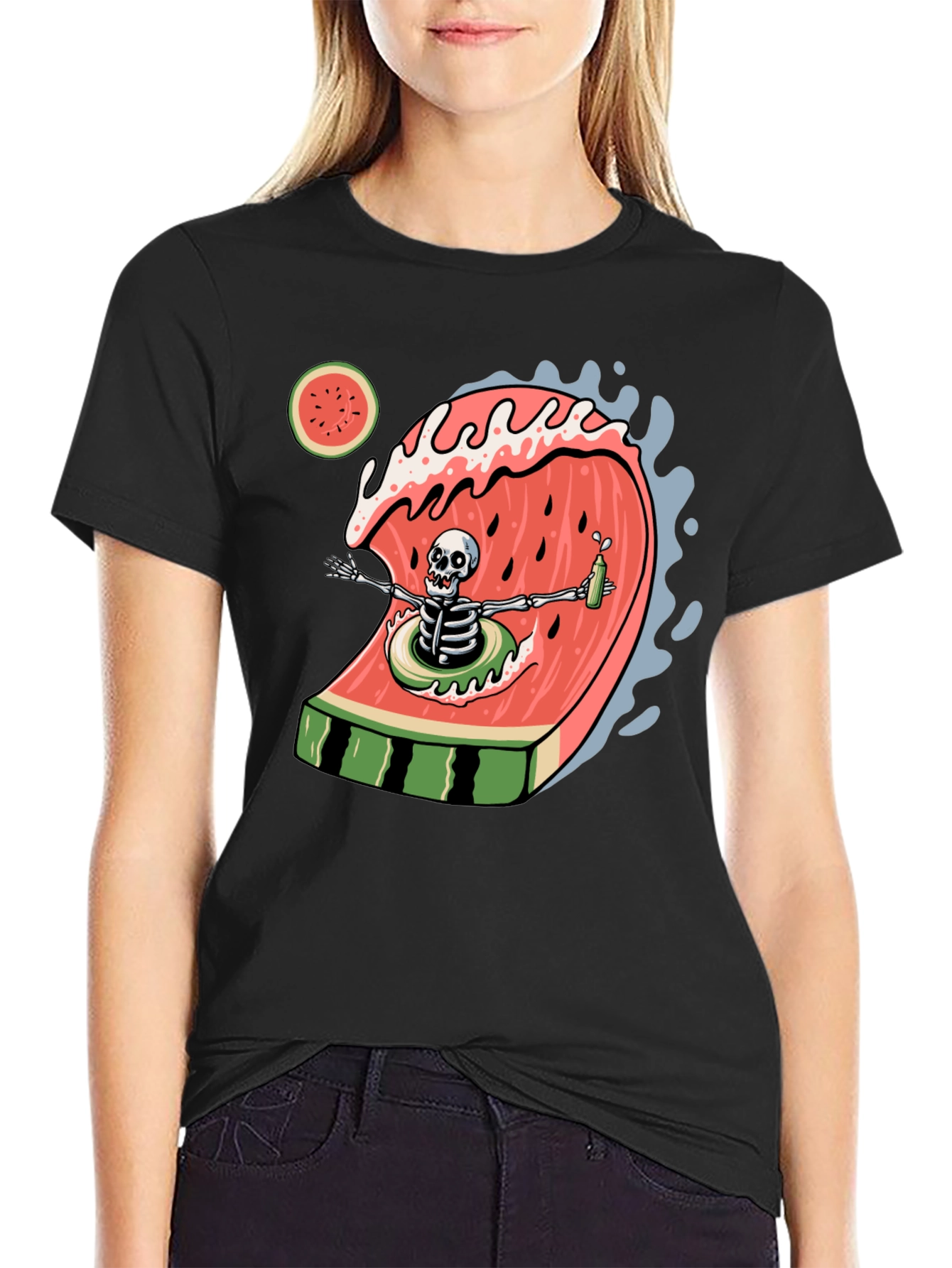 Skeleton Watermelon Wave Graphic Tee - Black