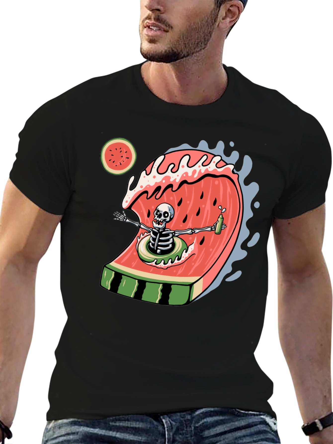 Skeleton Watermelon Wave Graphic Tee - Black