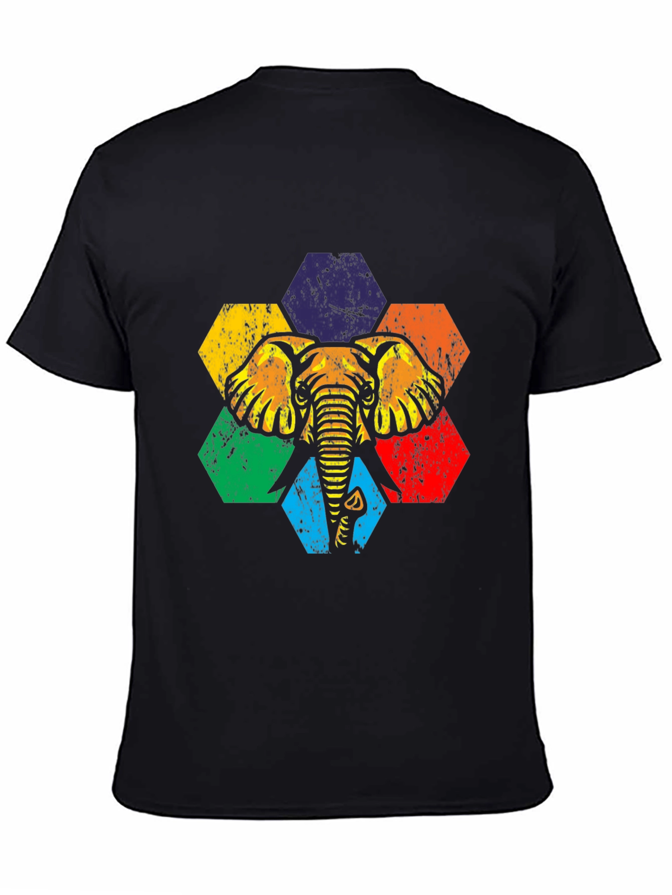 Retro Elephant Hexagon Graphic Tee - Black Cotton T-Shirt