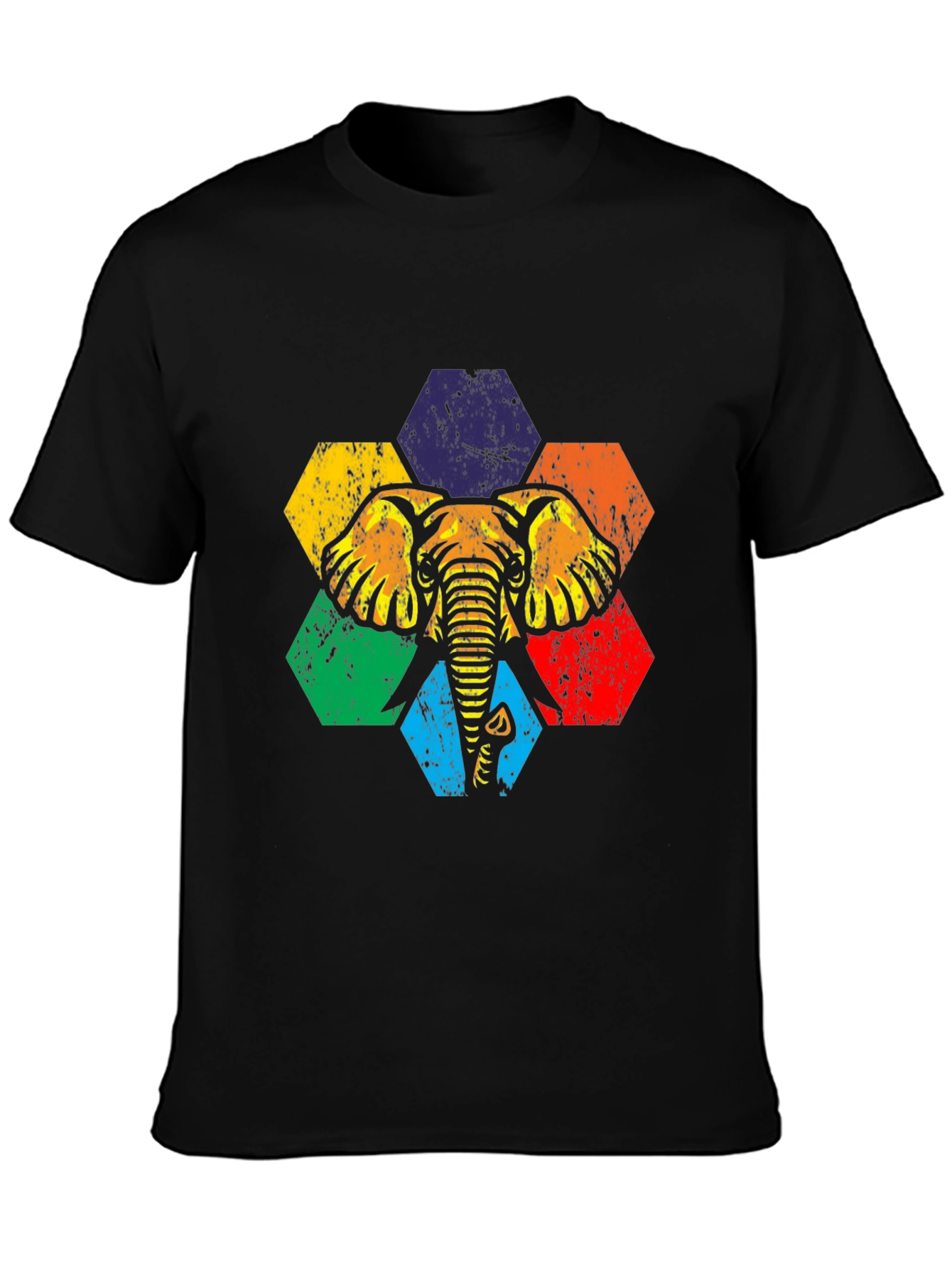 Retro Elephant Hexagon Graphic Tee - Black Cotton T-Shirt
