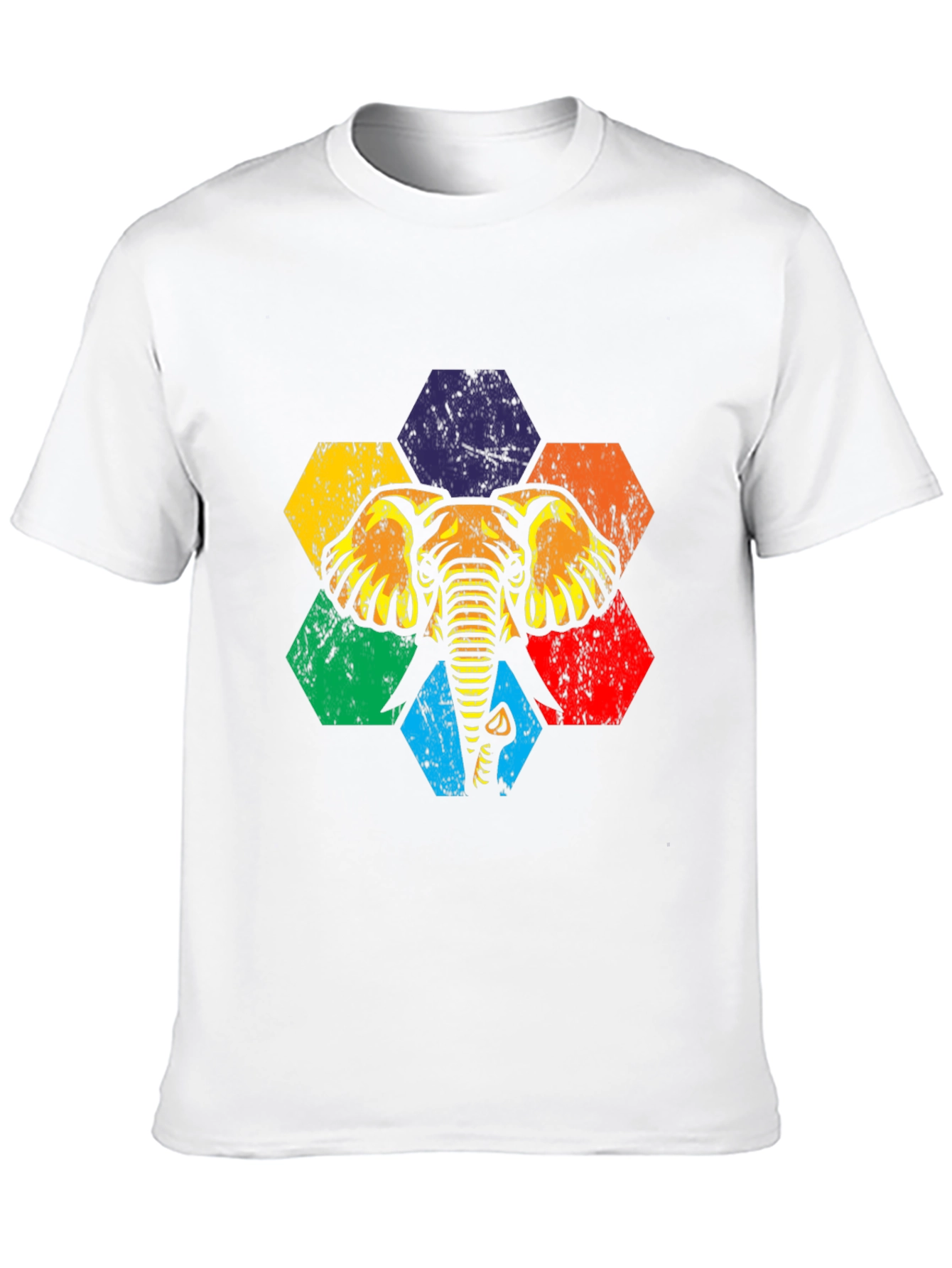 Retro Elephant Hexagon Graphic Tee - Black Cotton T-Shirt