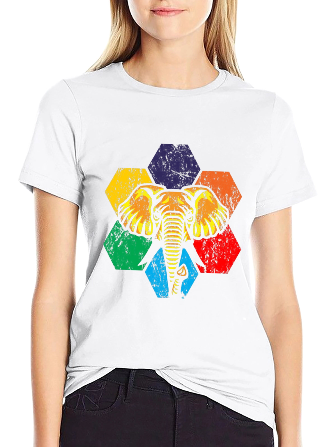 Retro Elephant Hexagon Graphic Tee - Black Cotton T-Shirt