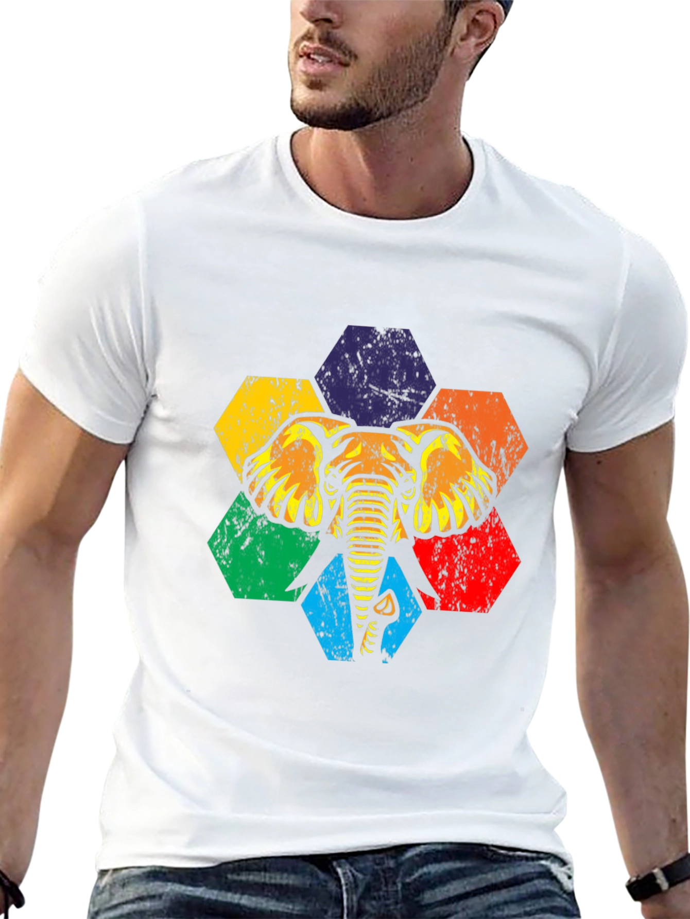 Retro Elephant Hexagon Graphic Tee - Black Cotton T-Shirt