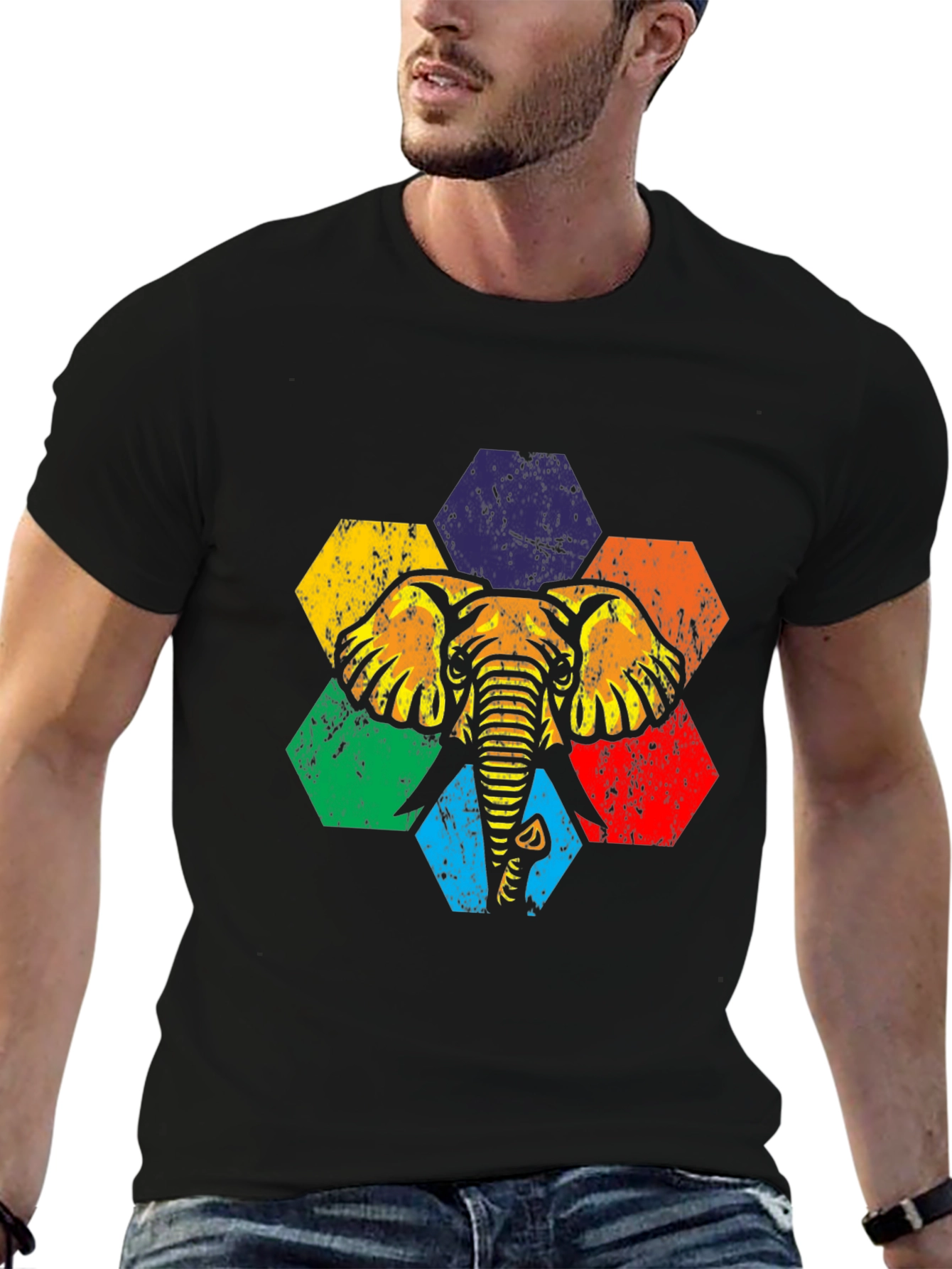 Retro Elephant Hexagon Graphic Tee - Black Cotton T-Shirt
