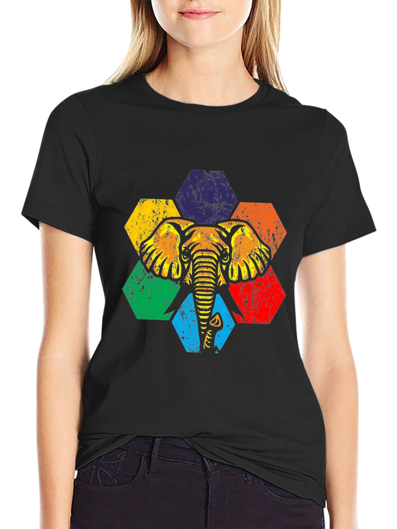 Retro Elephant Hexagon Graphic Tee - Black Cotton T-Shirt
