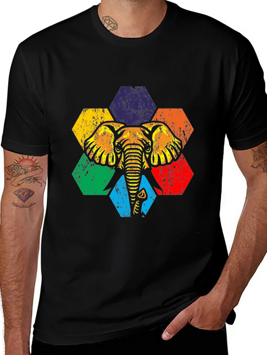 Retro Elephant Hexagon Graphic Tee - Black Cotton T-Shirt