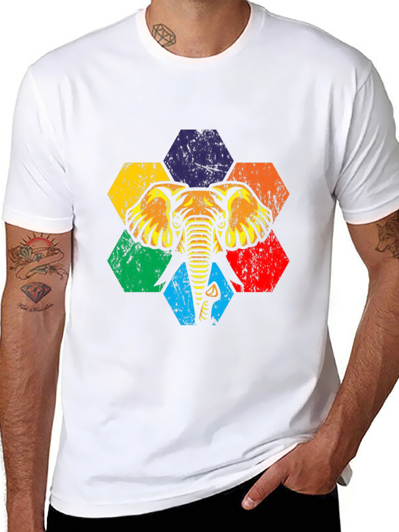 Retro Elephant Hexagon Graphic Tee - Black Cotton T-Shirt