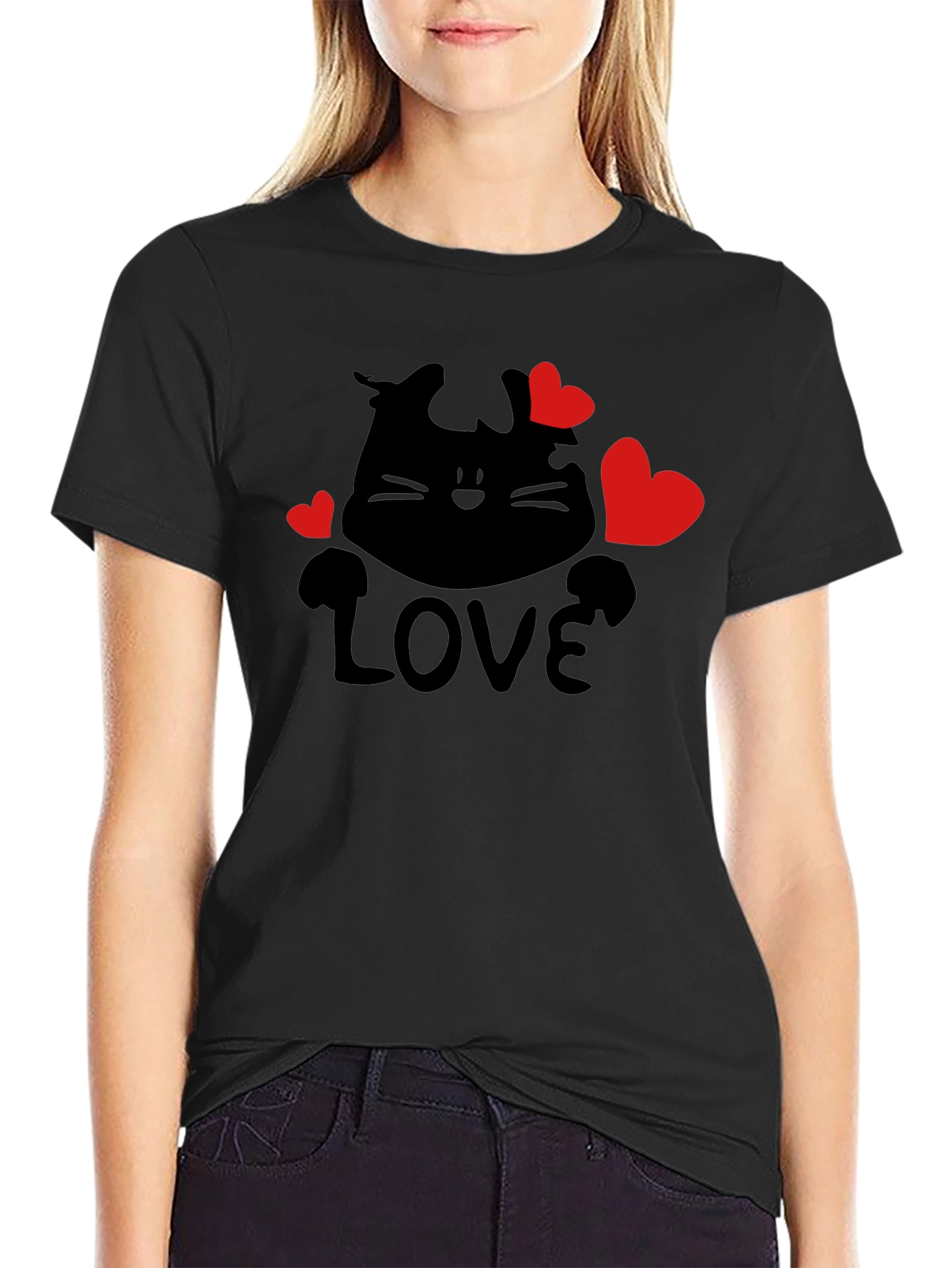 Love Cat Graphic Tee - Black Casual T-Shirt