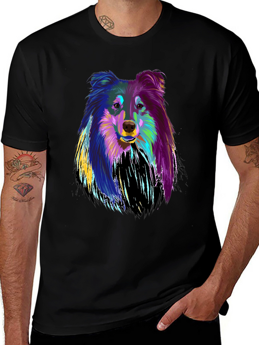 Colorful Collie Dog Graphic T-Shirt - Black