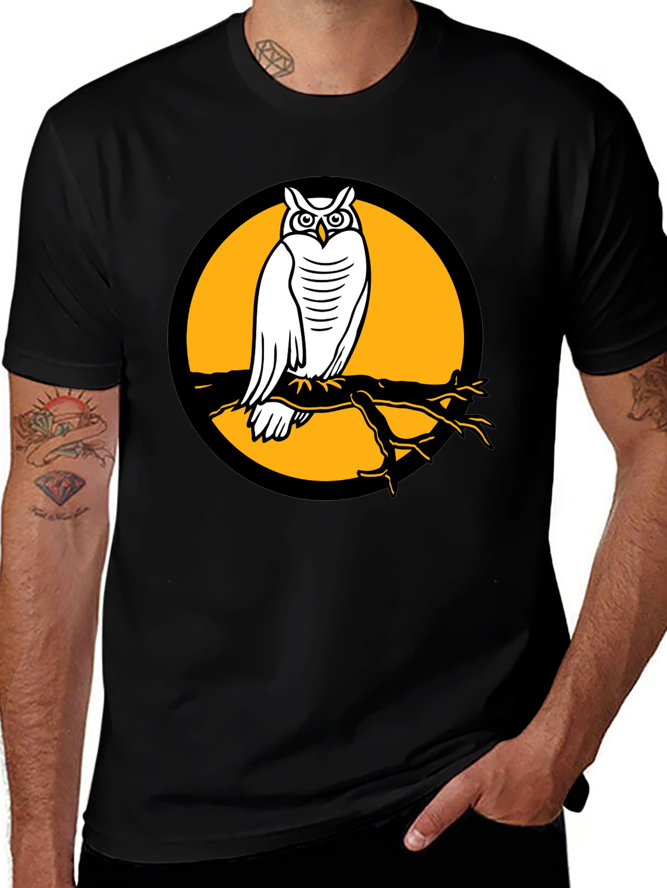 Owl on Branch Graphic Tee - Black Cotton Shirt