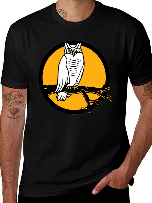 Owl on Branch Graphic Tee - Black Cotton Shirt