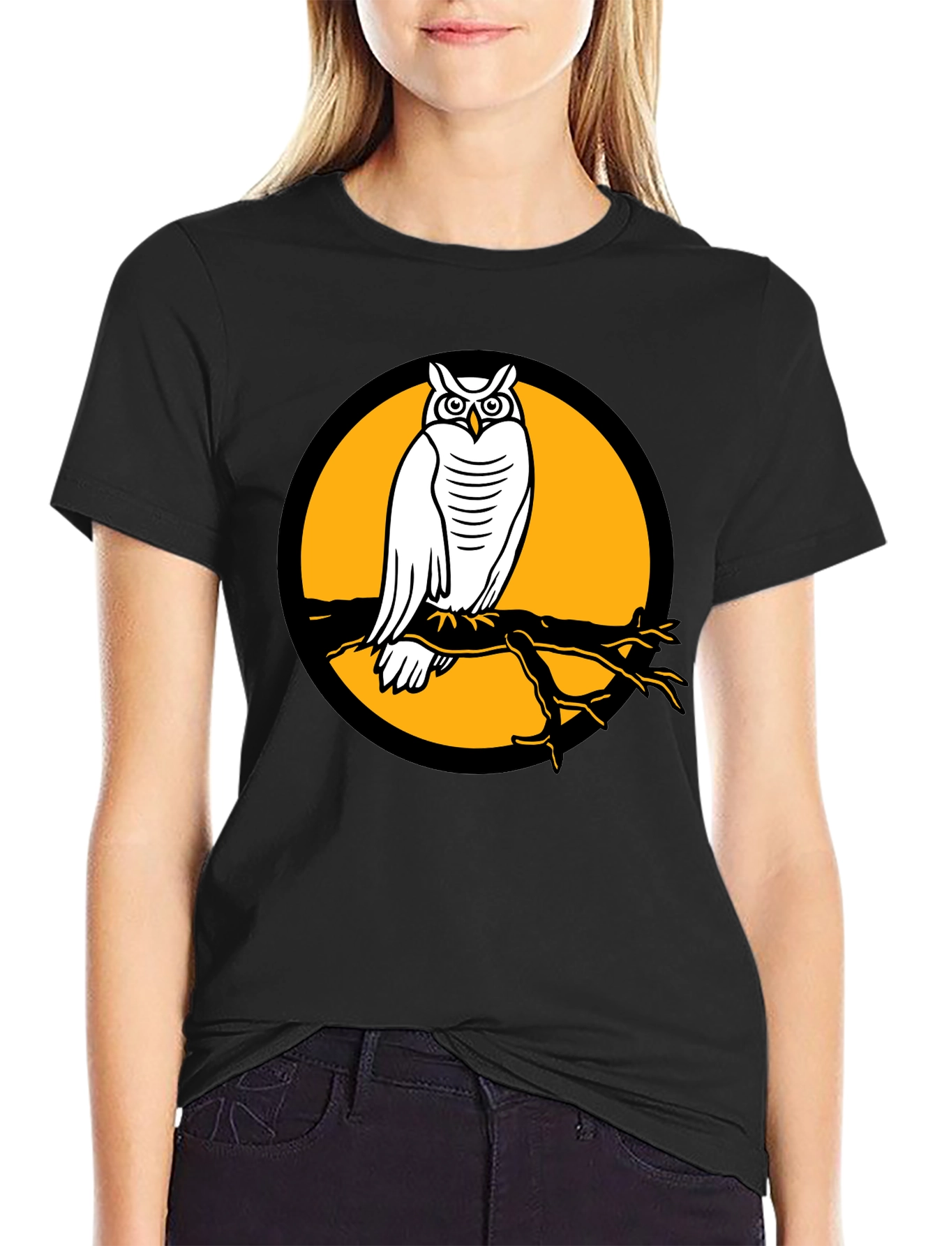 Owl on Branch Graphic Tee - Black Cotton Shirt