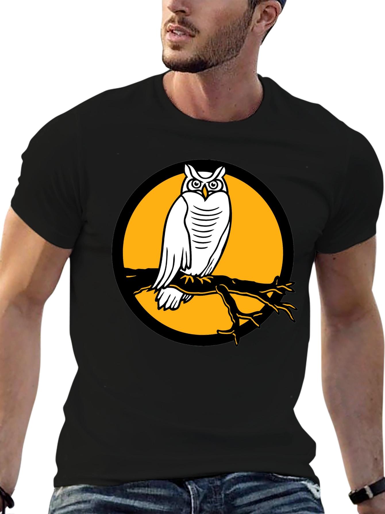 Owl on Branch Graphic Tee - Black Cotton Shirt