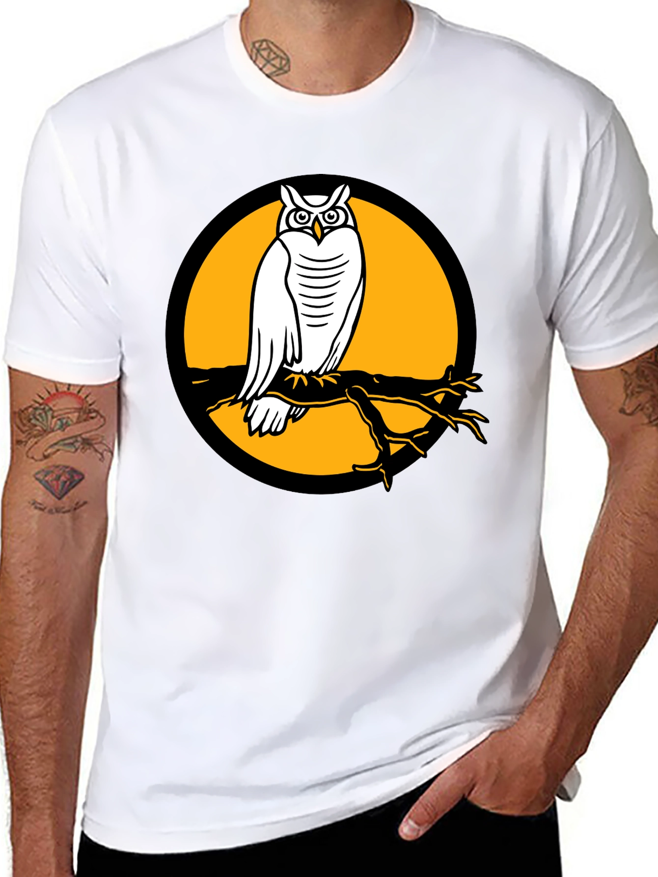 Owl on Branch Graphic Tee - Black Cotton Shirt