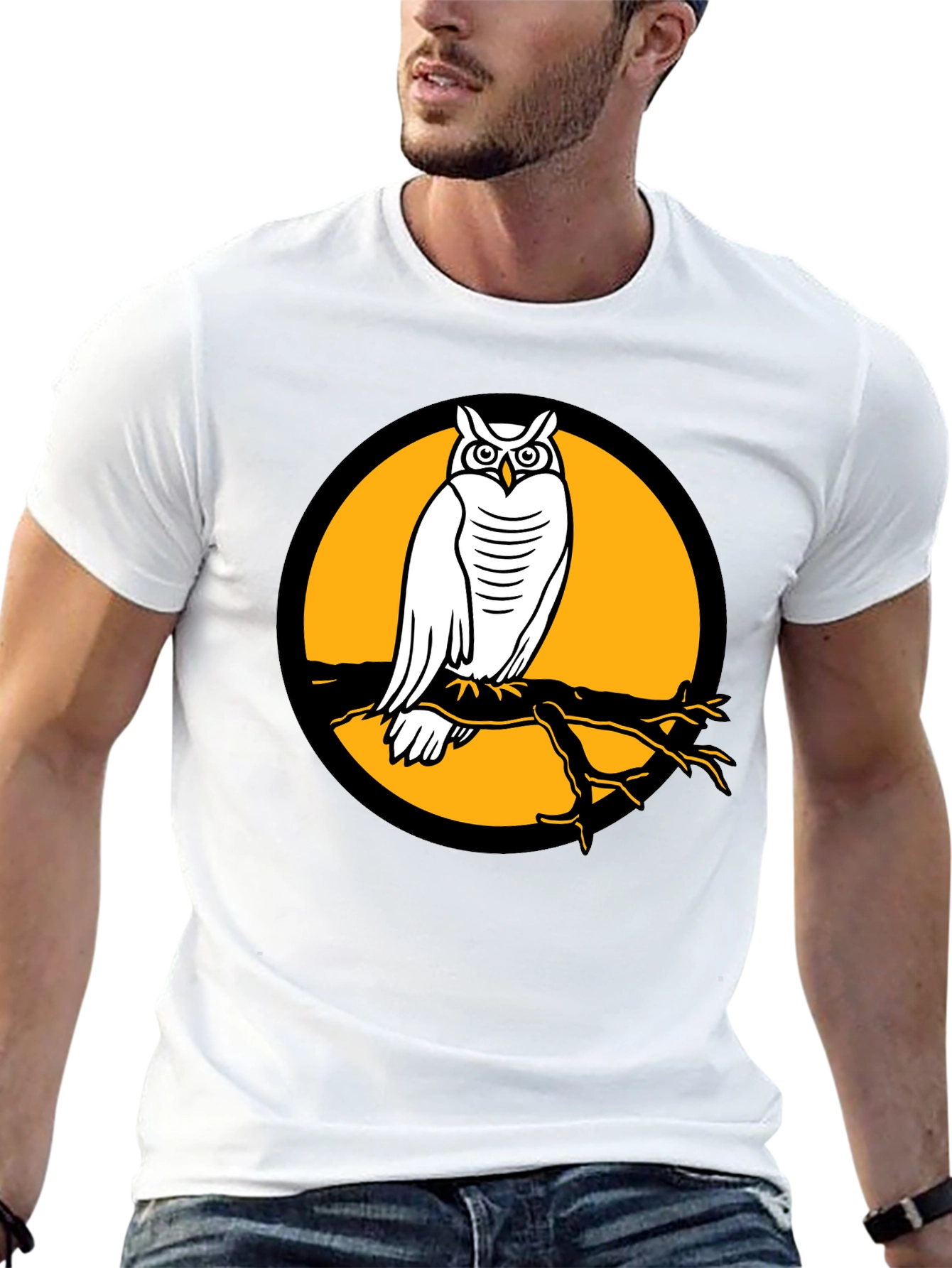 Owl on Branch Graphic Tee - Black Cotton Shirt