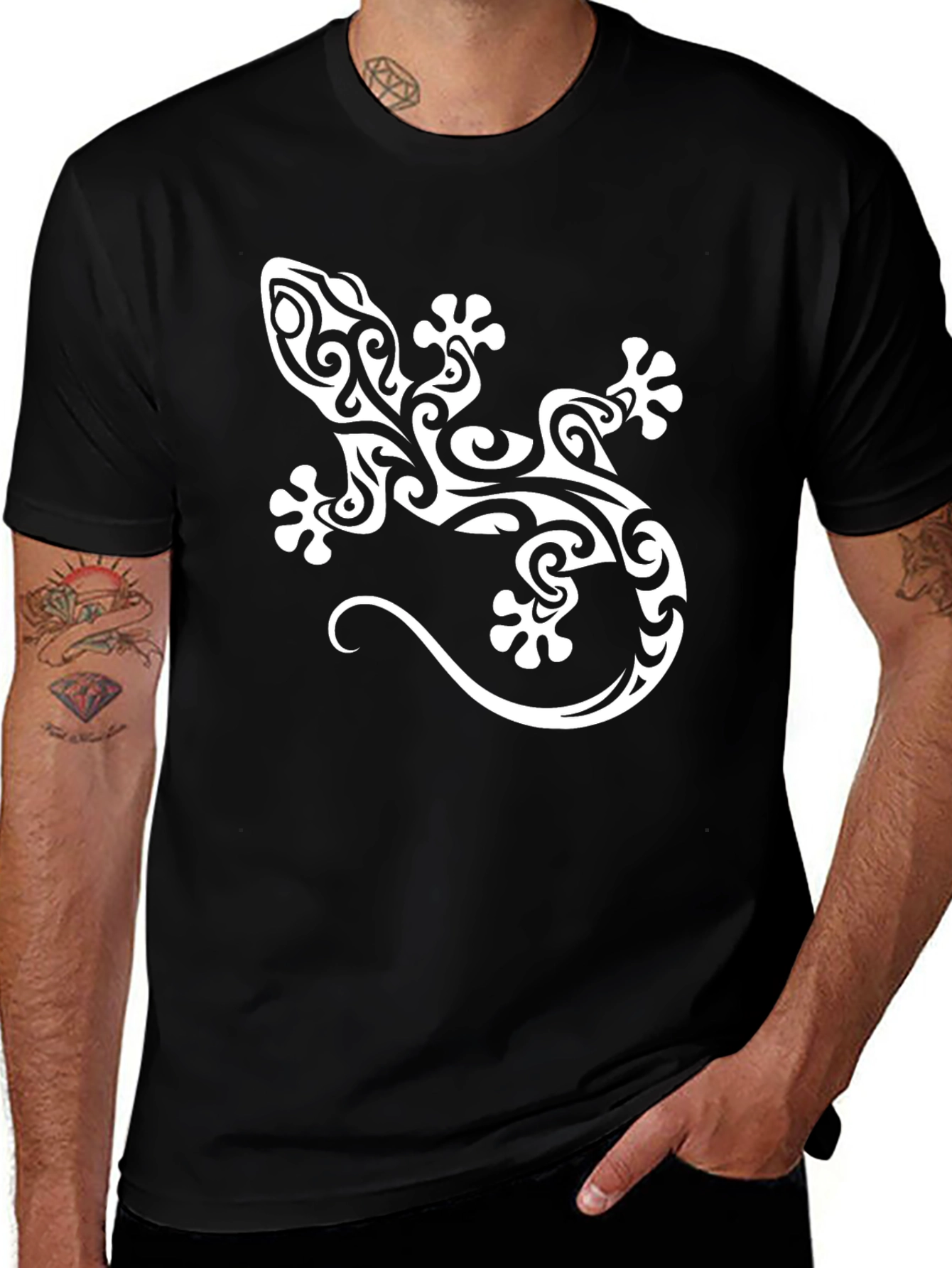 Tribal Lizard Graphic Tee - Mens Black Cotton T-Shirt
