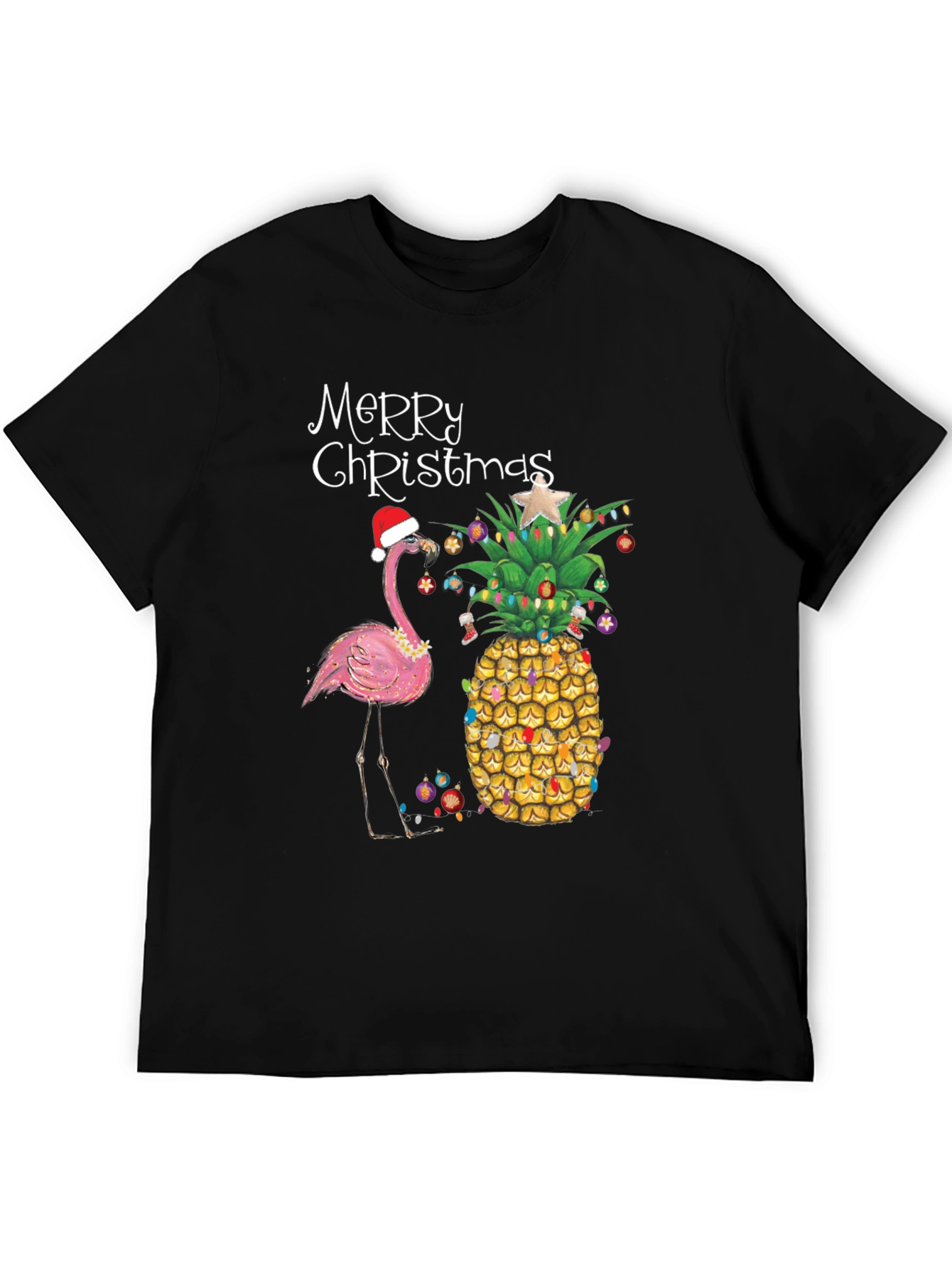 Merry Christmas Flamingo Pineapple Black T-Shirt