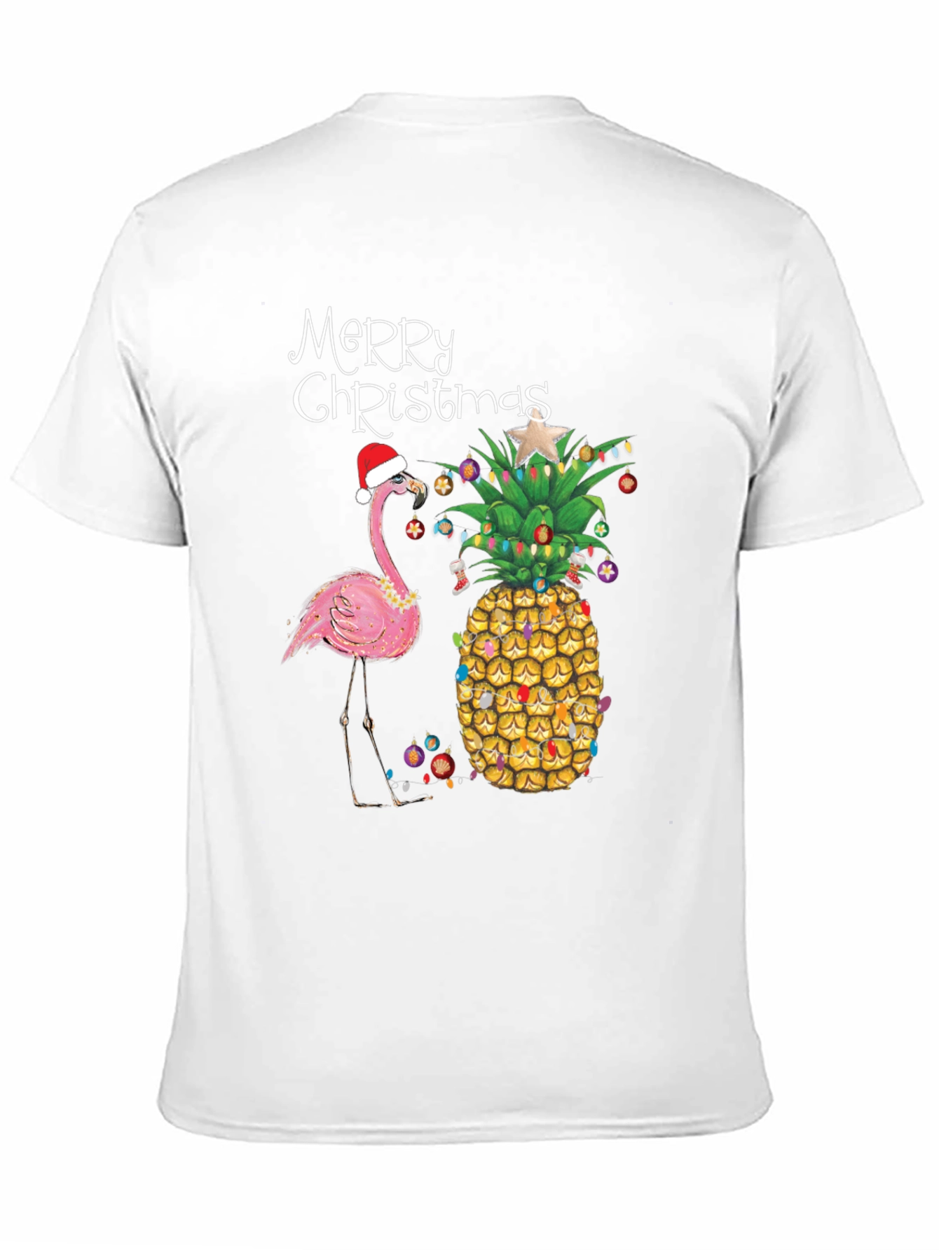 Merry Christmas Flamingo Pineapple Black T-Shirt