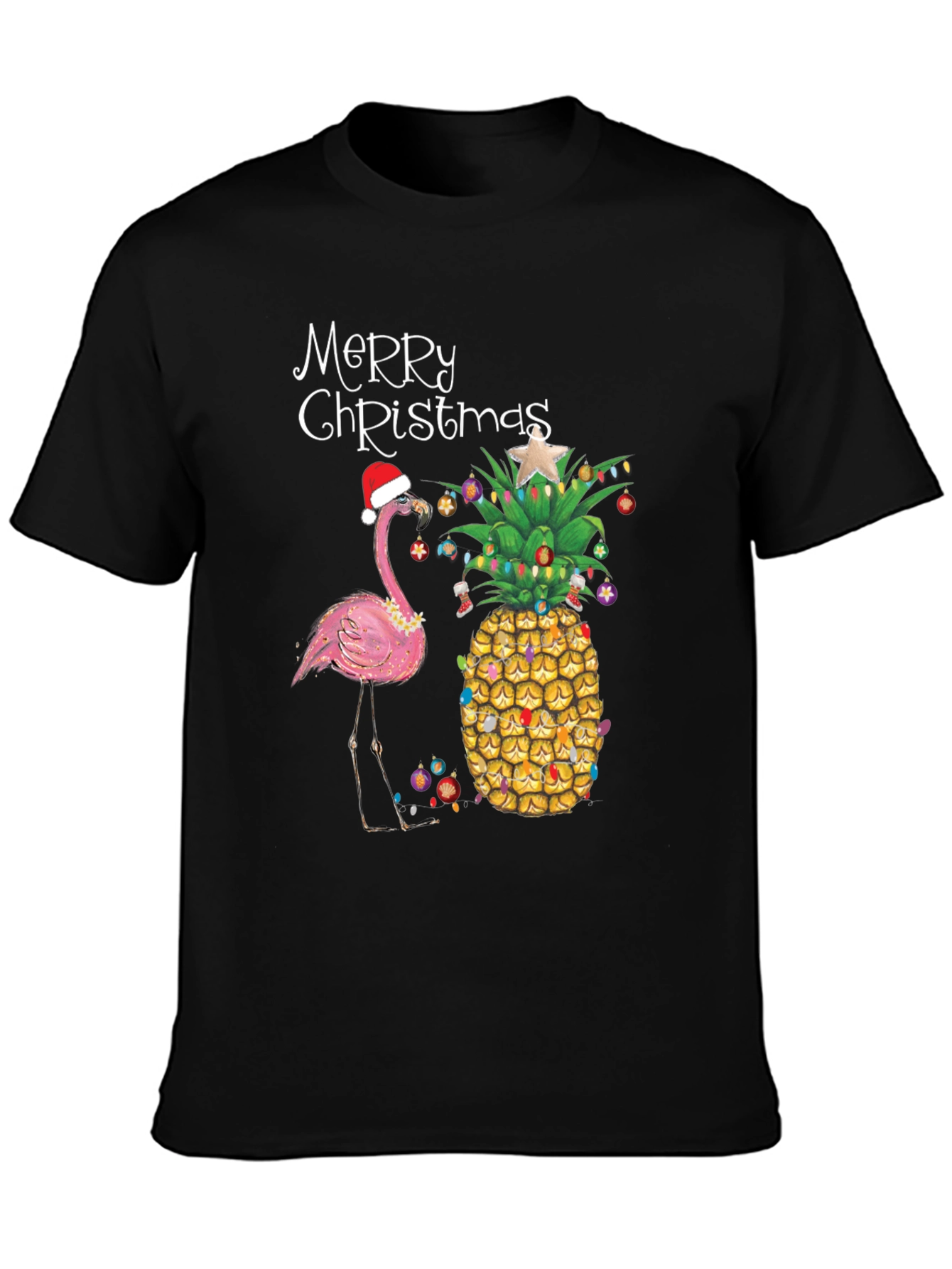 Merry Christmas Flamingo Pineapple Black T-Shirt