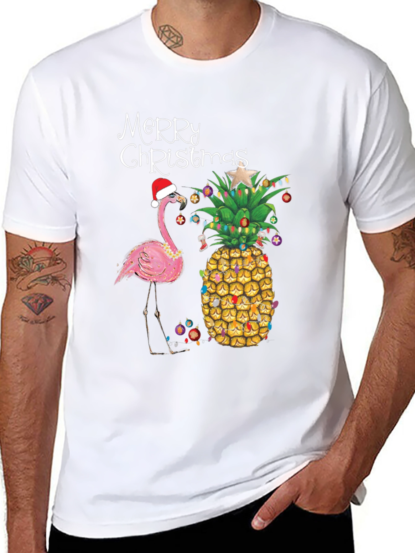 Merry Christmas Flamingo Pineapple Black T-Shirt
