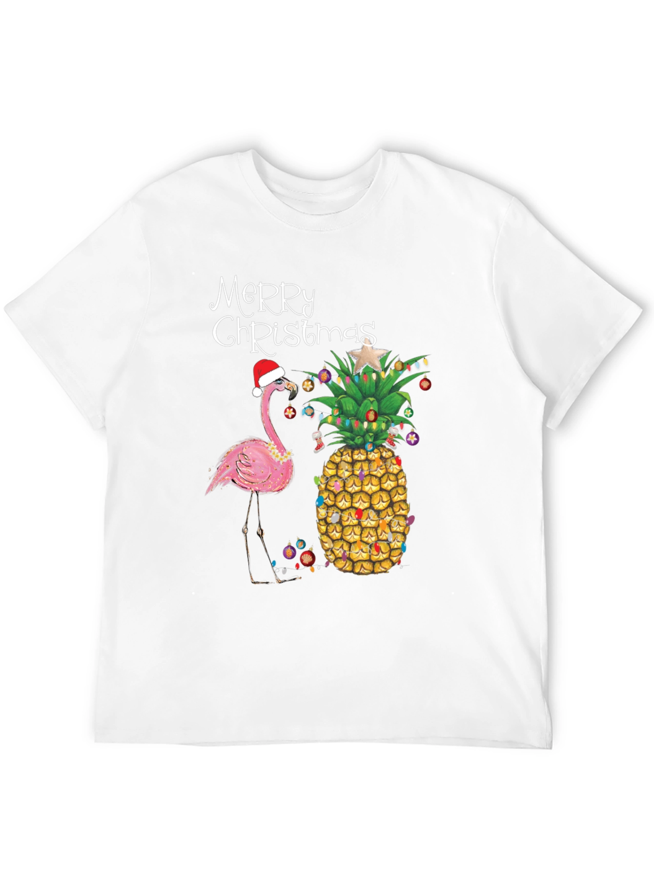 Merry Christmas Flamingo Pineapple Black T-Shirt