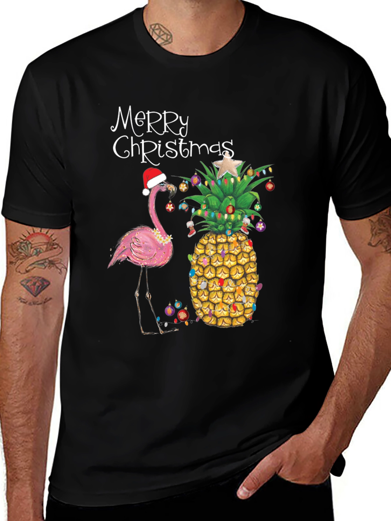 Merry Christmas Flamingo Pineapple Black T-Shirt