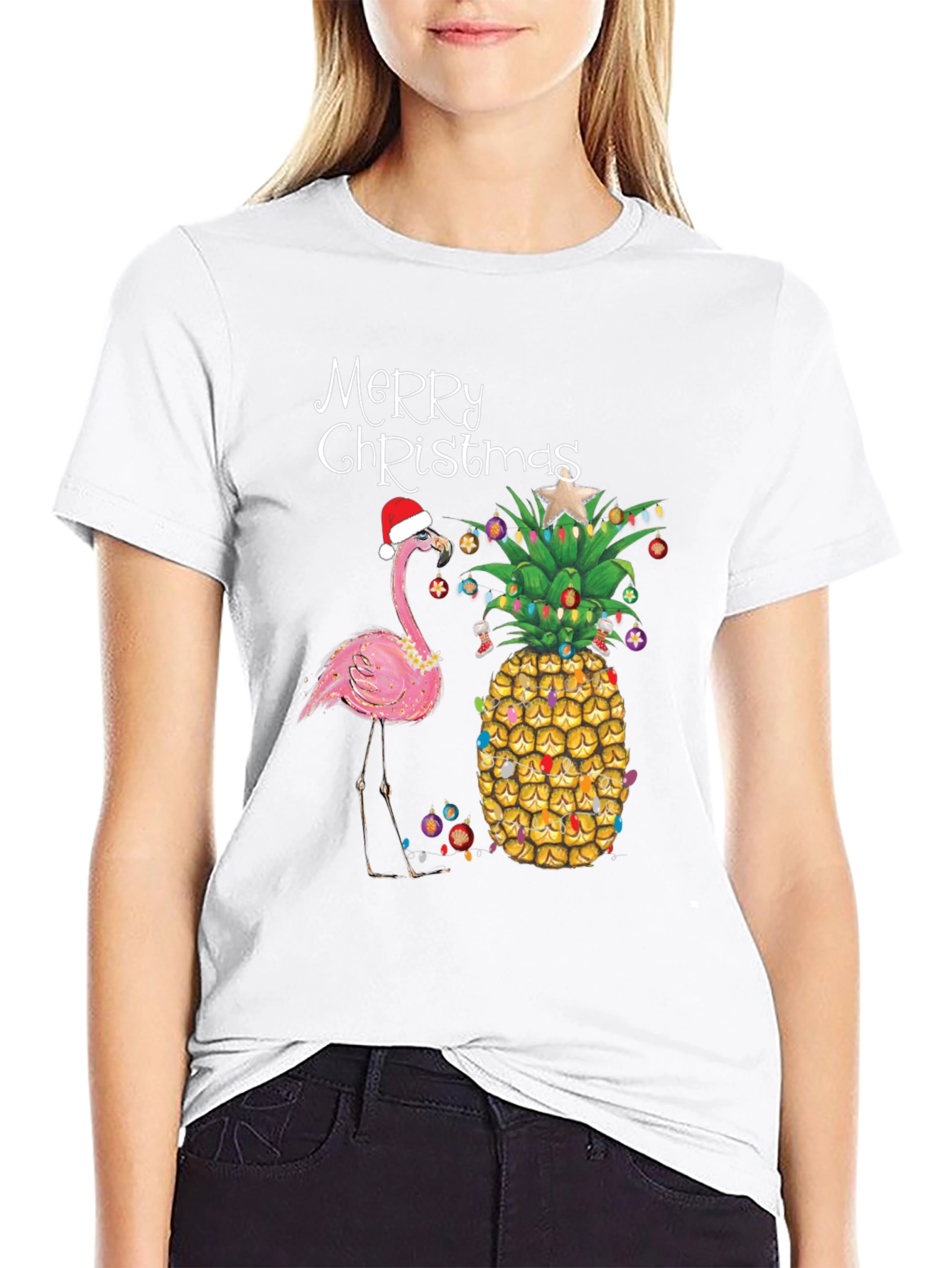 Merry Christmas Flamingo Pineapple Black T-Shirt