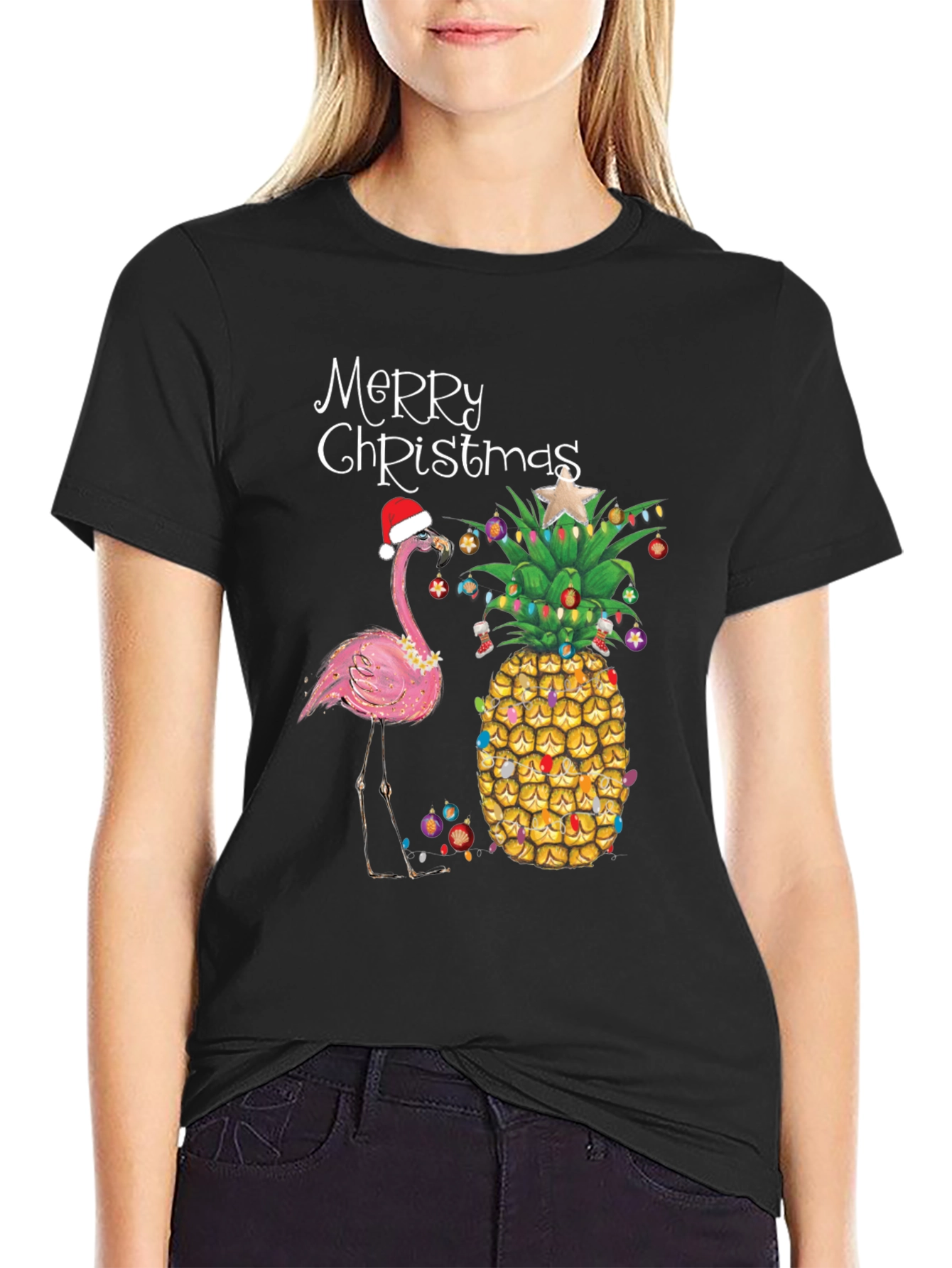 Merry Christmas Flamingo Pineapple Black T-Shirt