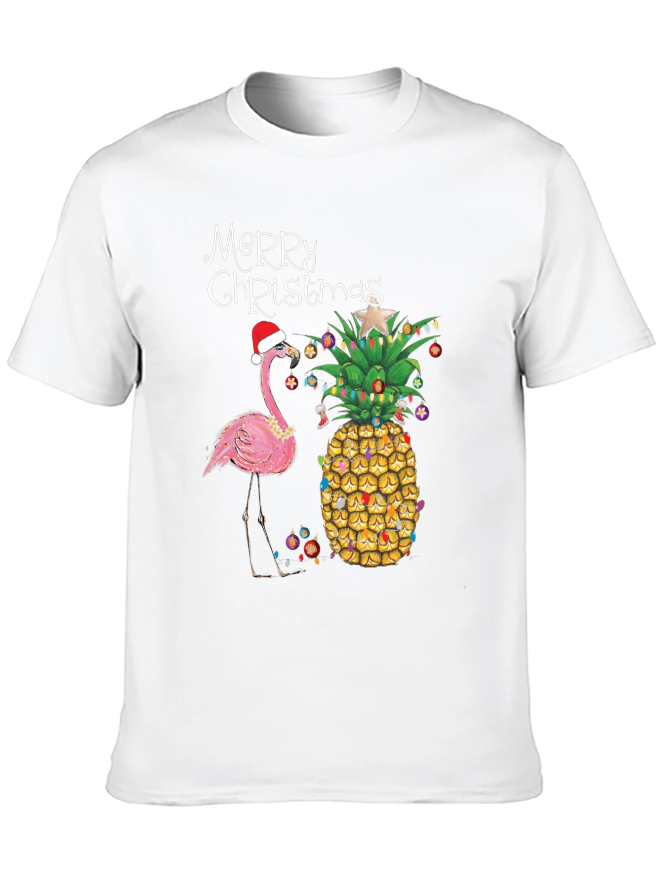 Merry Christmas Flamingo Pineapple Black T-Shirt