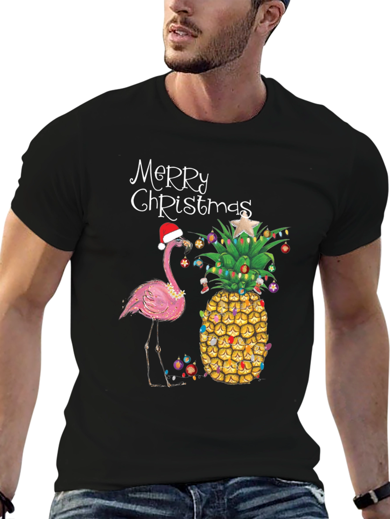Merry Christmas Flamingo Pineapple Black T-Shirt