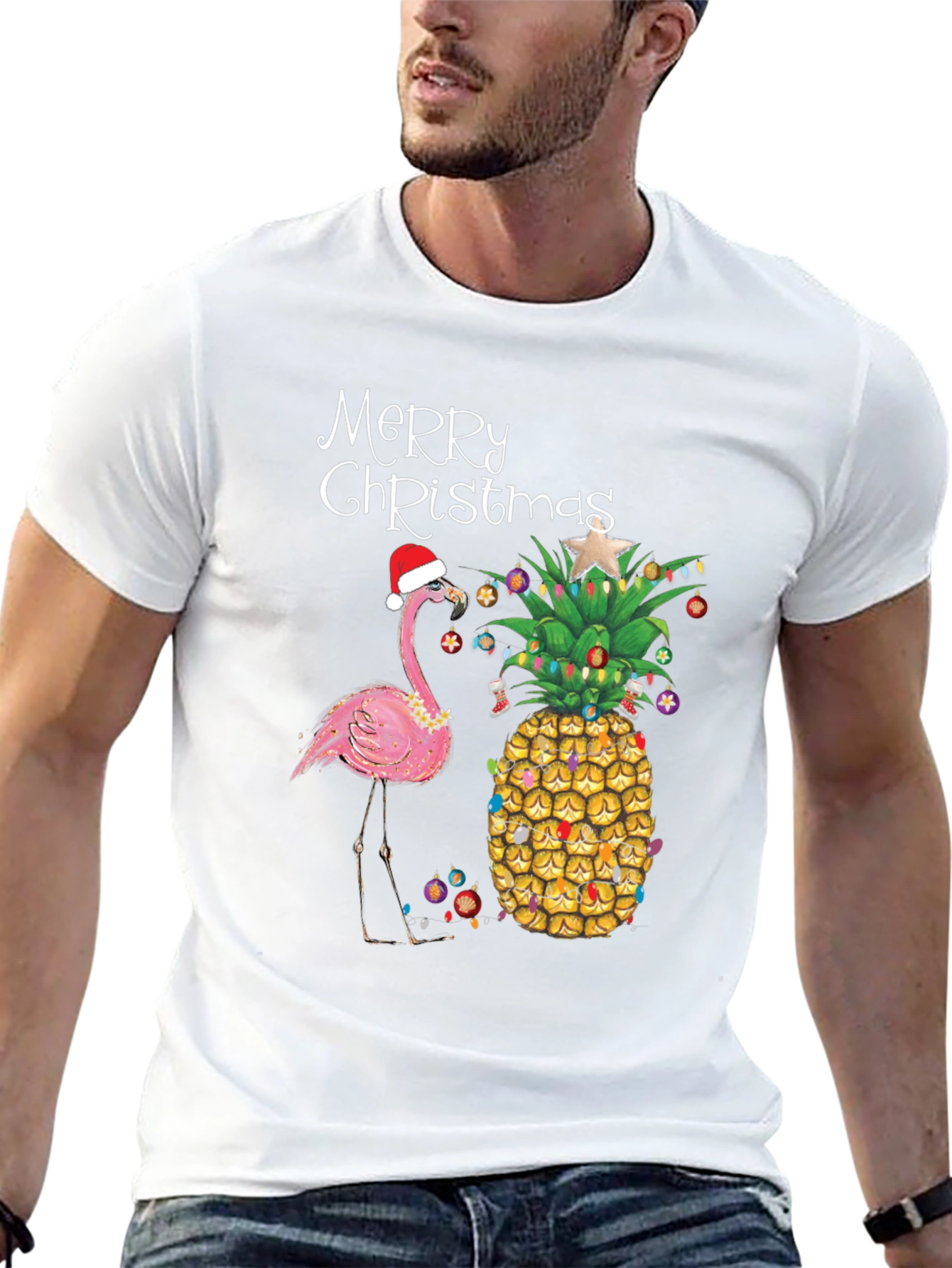 Merry Christmas Flamingo Pineapple Black T-Shirt