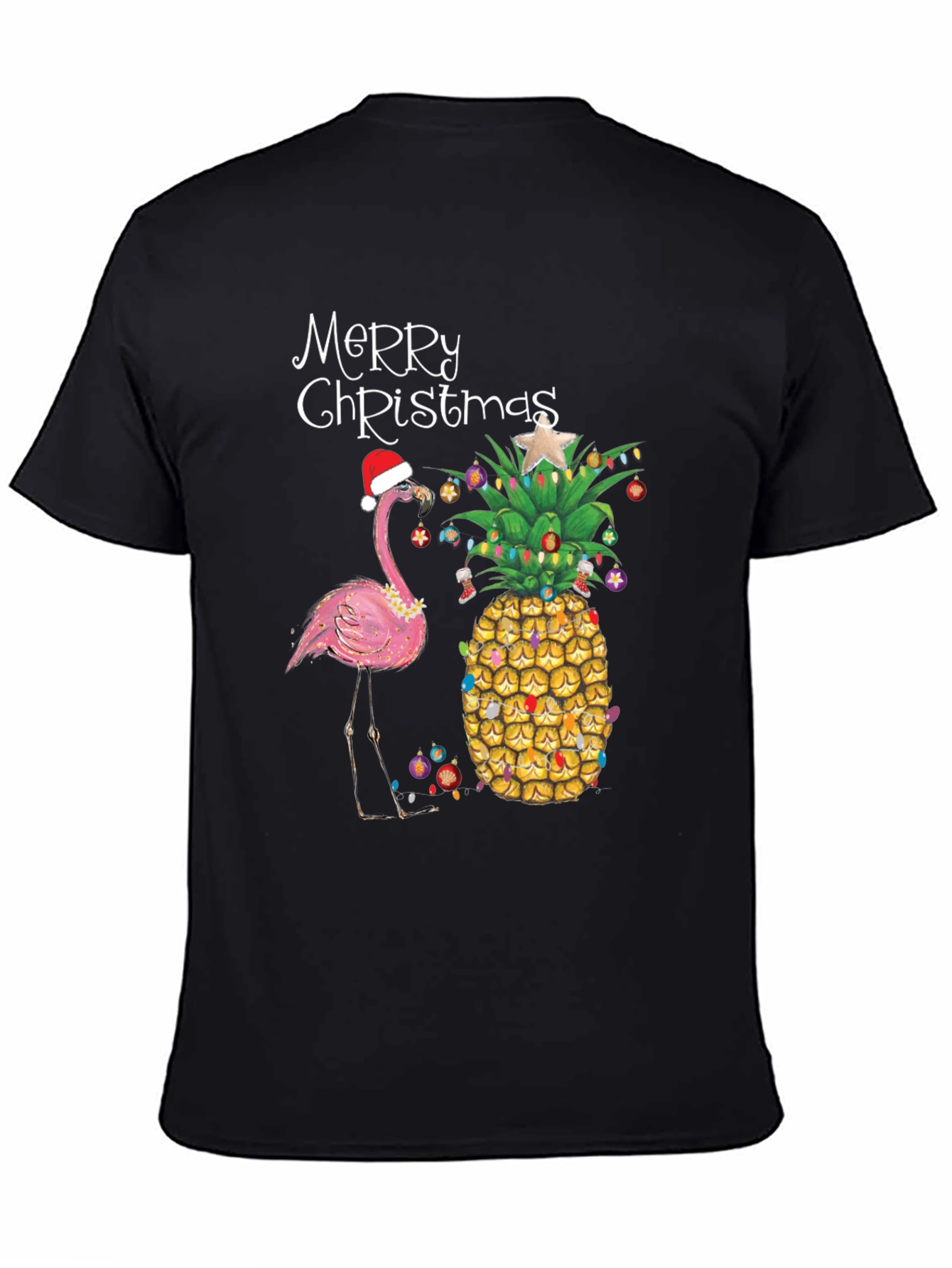 Merry Christmas Flamingo Pineapple Black T-Shirt