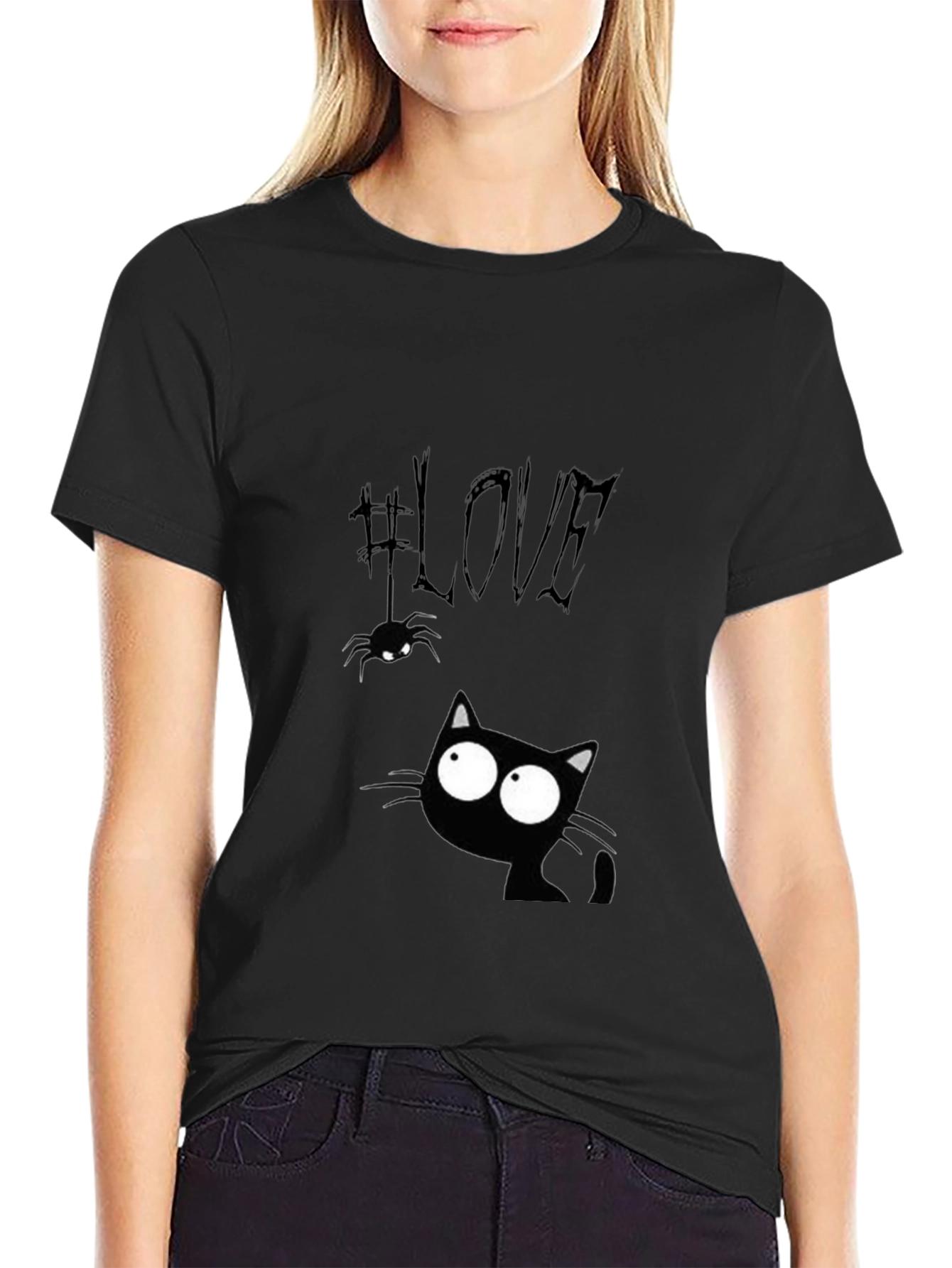 Love Cat Graphic Tee - Black Cotton Blend