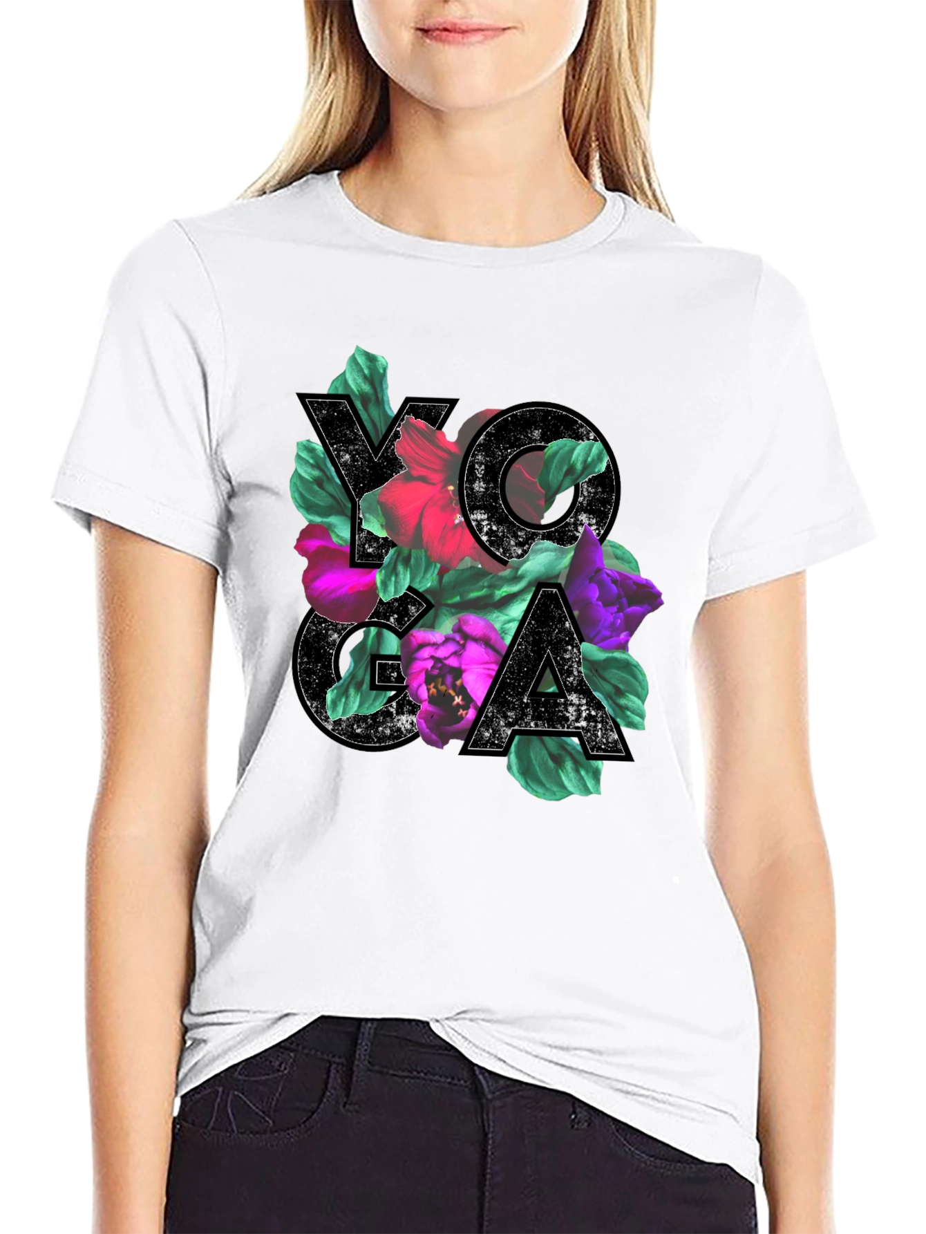 Floral Yoga Tee - Black Cotton Blend