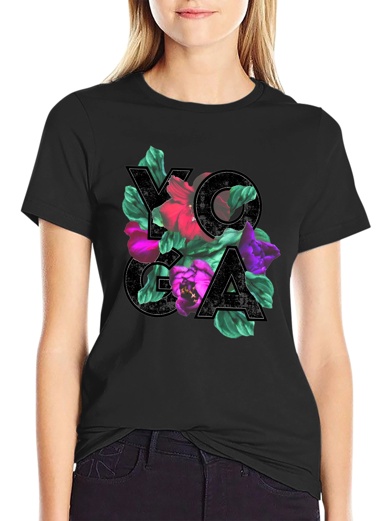 Floral Yoga Tee - Black Cotton Blend