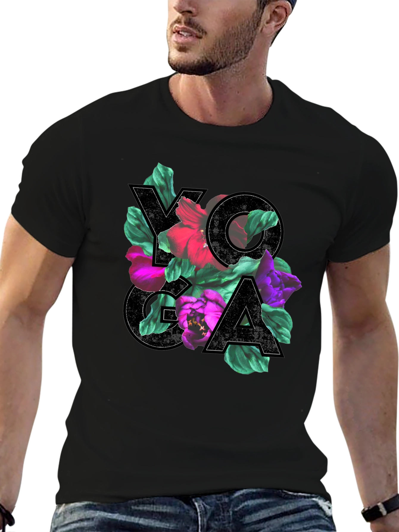 Floral Yoga Tee - Black Cotton Blend
