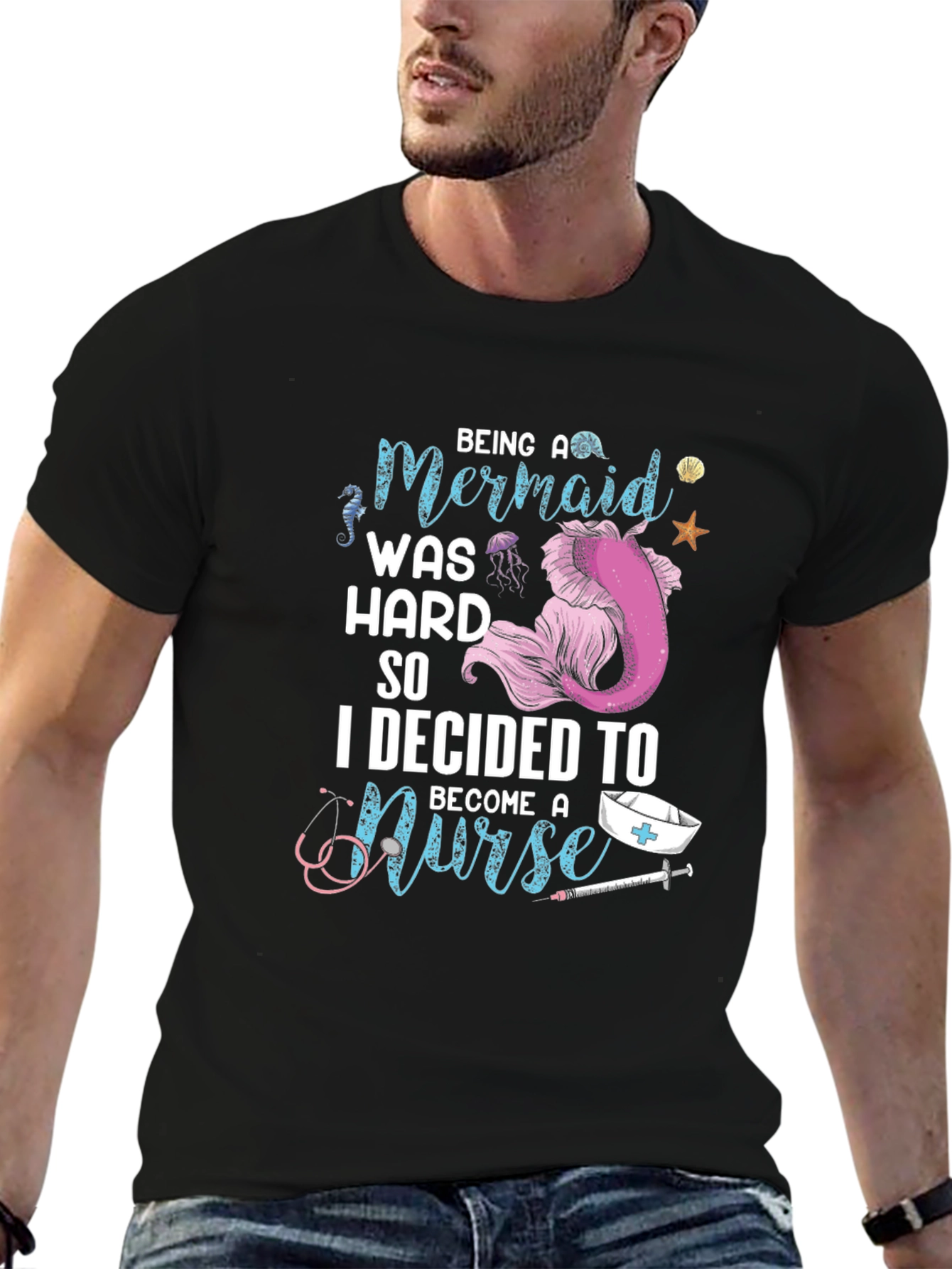 Mermaid Nurse Graphic Tee - Novelty T-Shirt