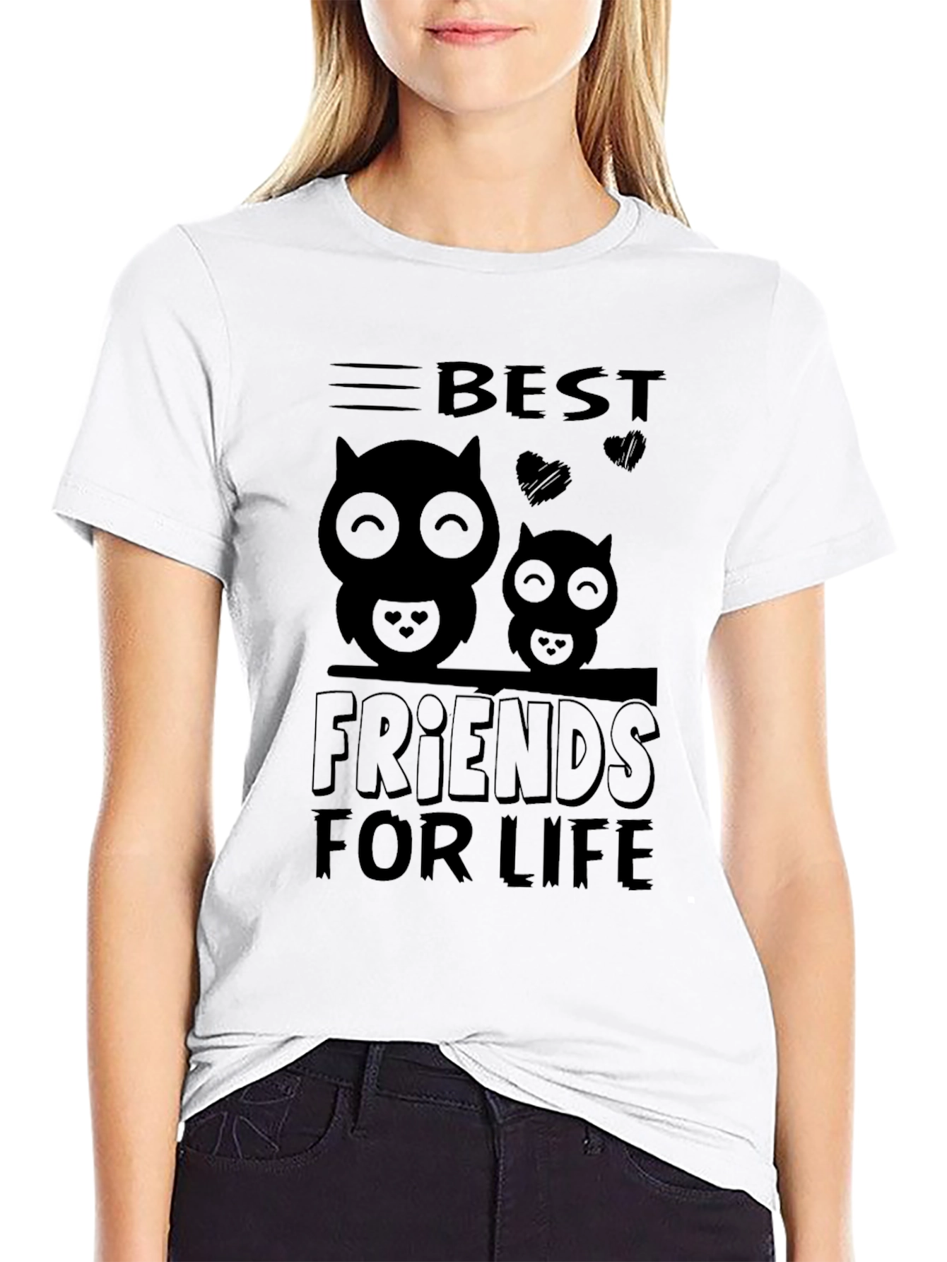 Best Friends For Life Owl Graphic Black T-Shirt