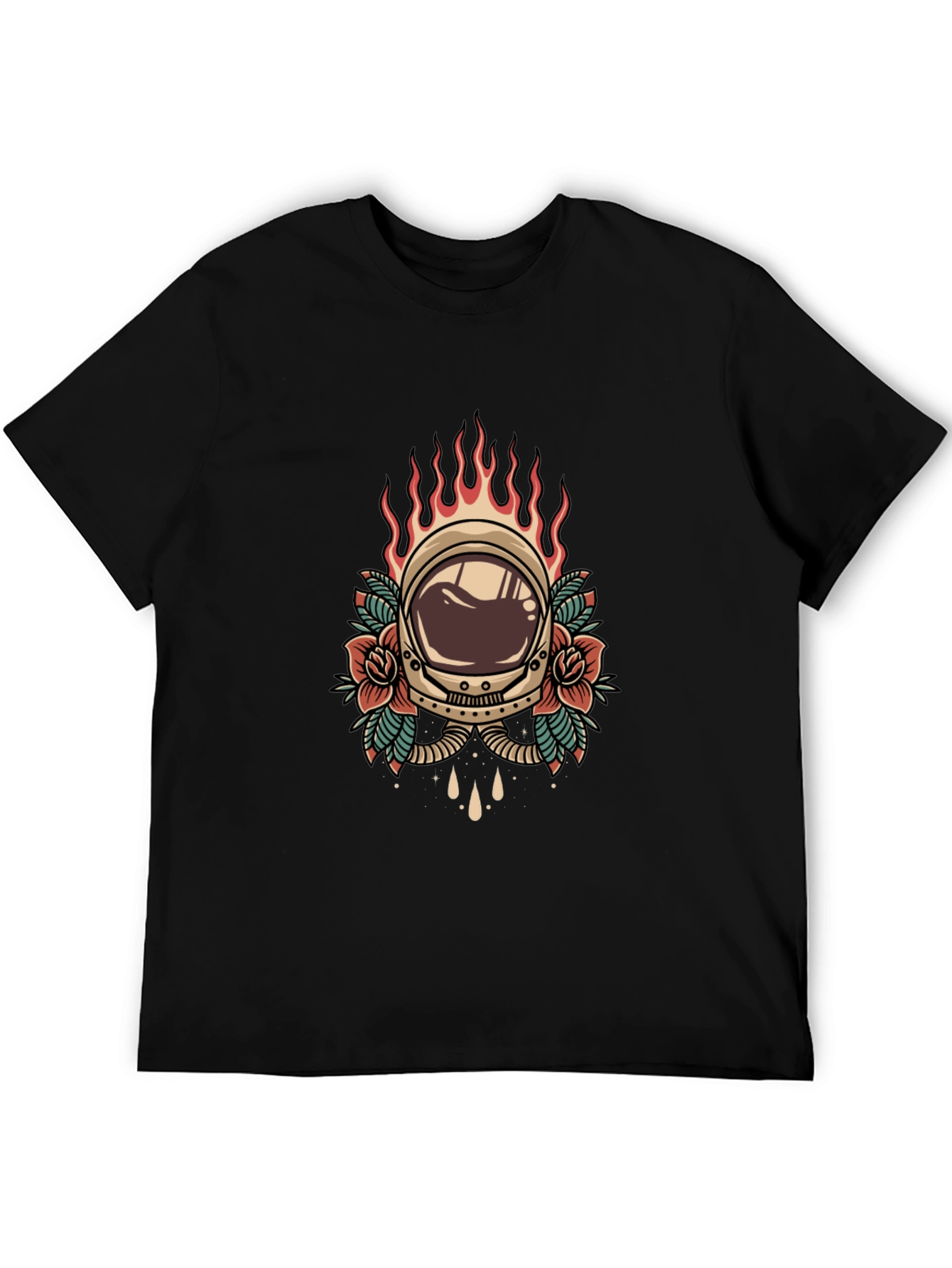Retro Astronaut Helmet Tattoo Style Graphic Tee - Black